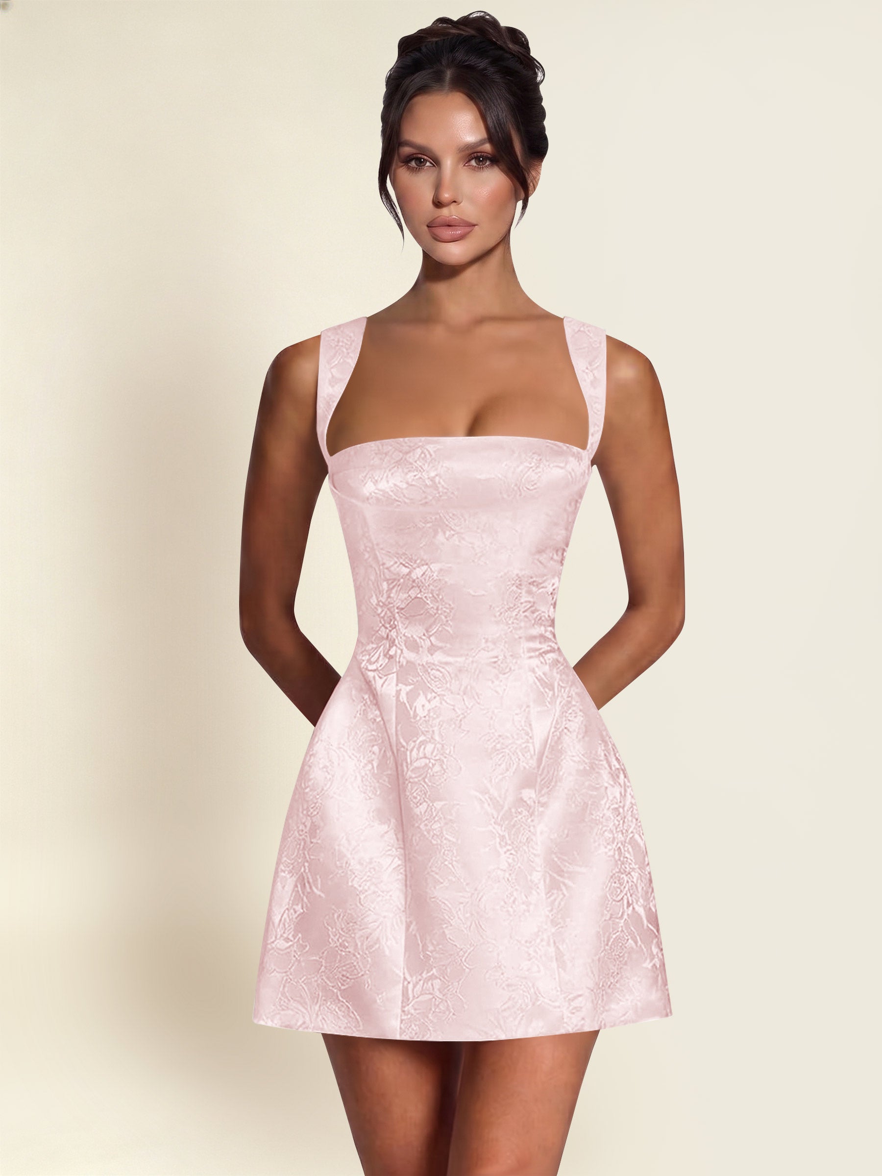 ROVDESY A-Line Square Neck Jacquard Satin Homecoming Mini Dress