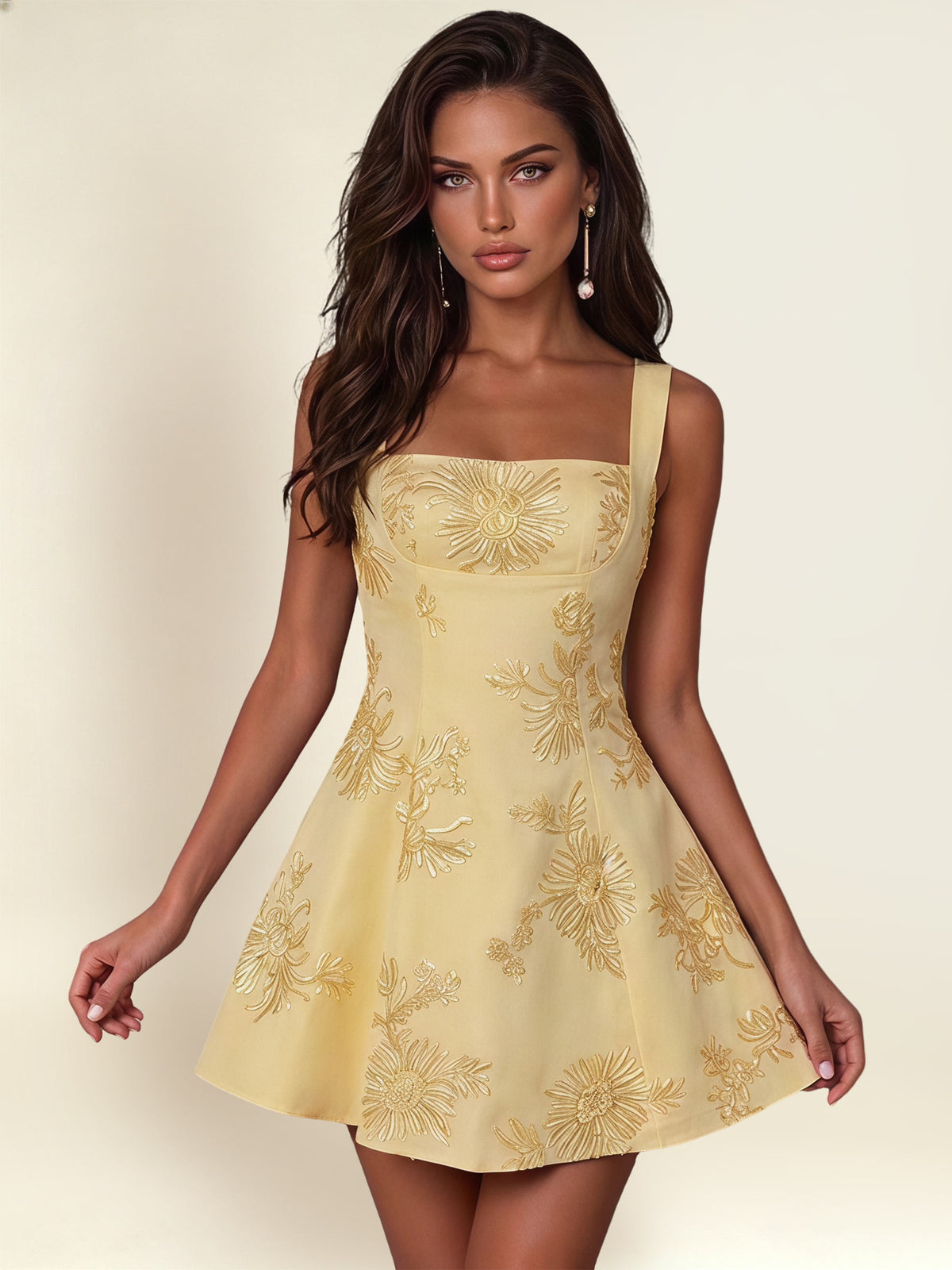 ROVDESY A-Line Square Neck Floral Embroidery Homecoming Mini Dress With Bow