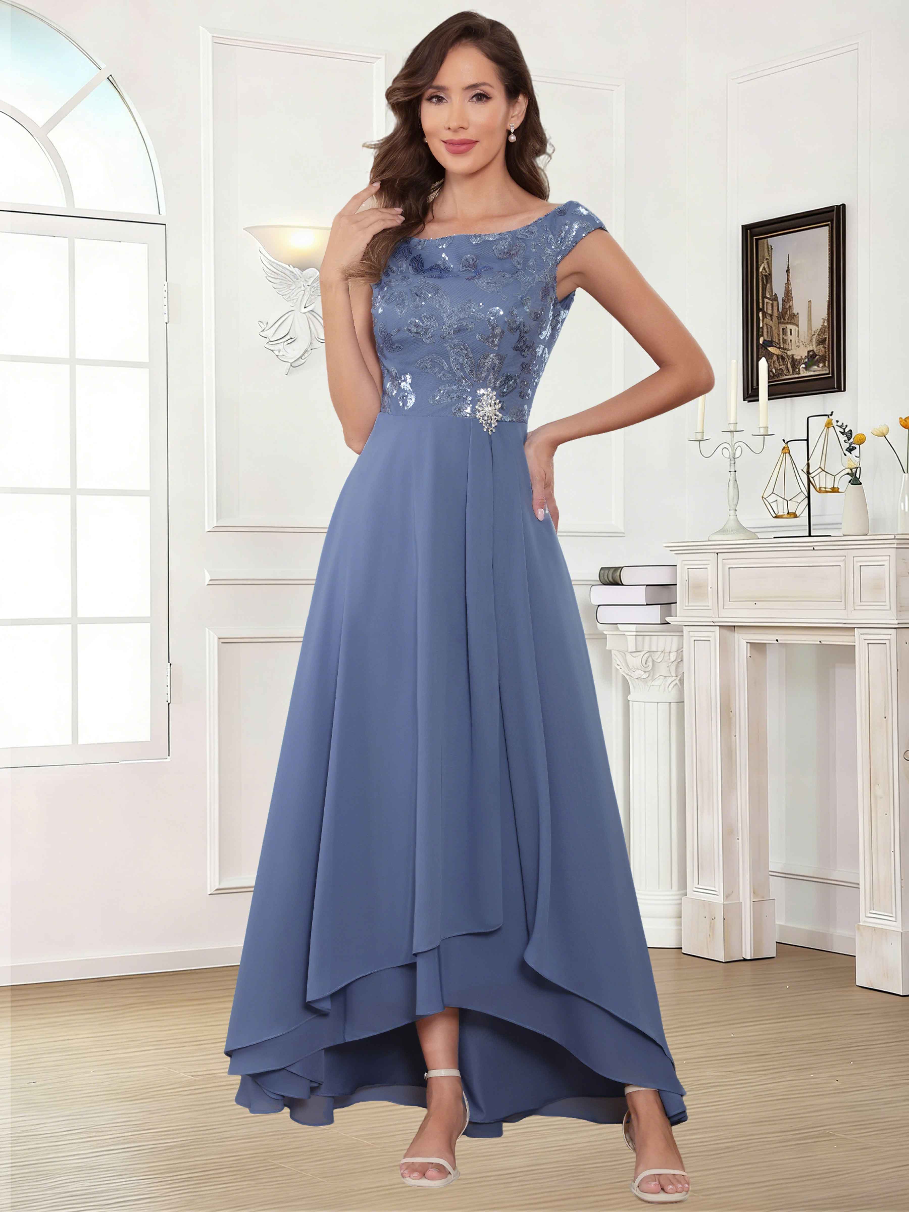 ROVDESY Tea Length Off-The-Shoulder Sequin Chiffon Mother Of The Bride Dress