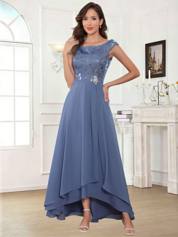Tea Length Off-The-Shoulder Sequin Chiffon Mother Of The Bride Dress