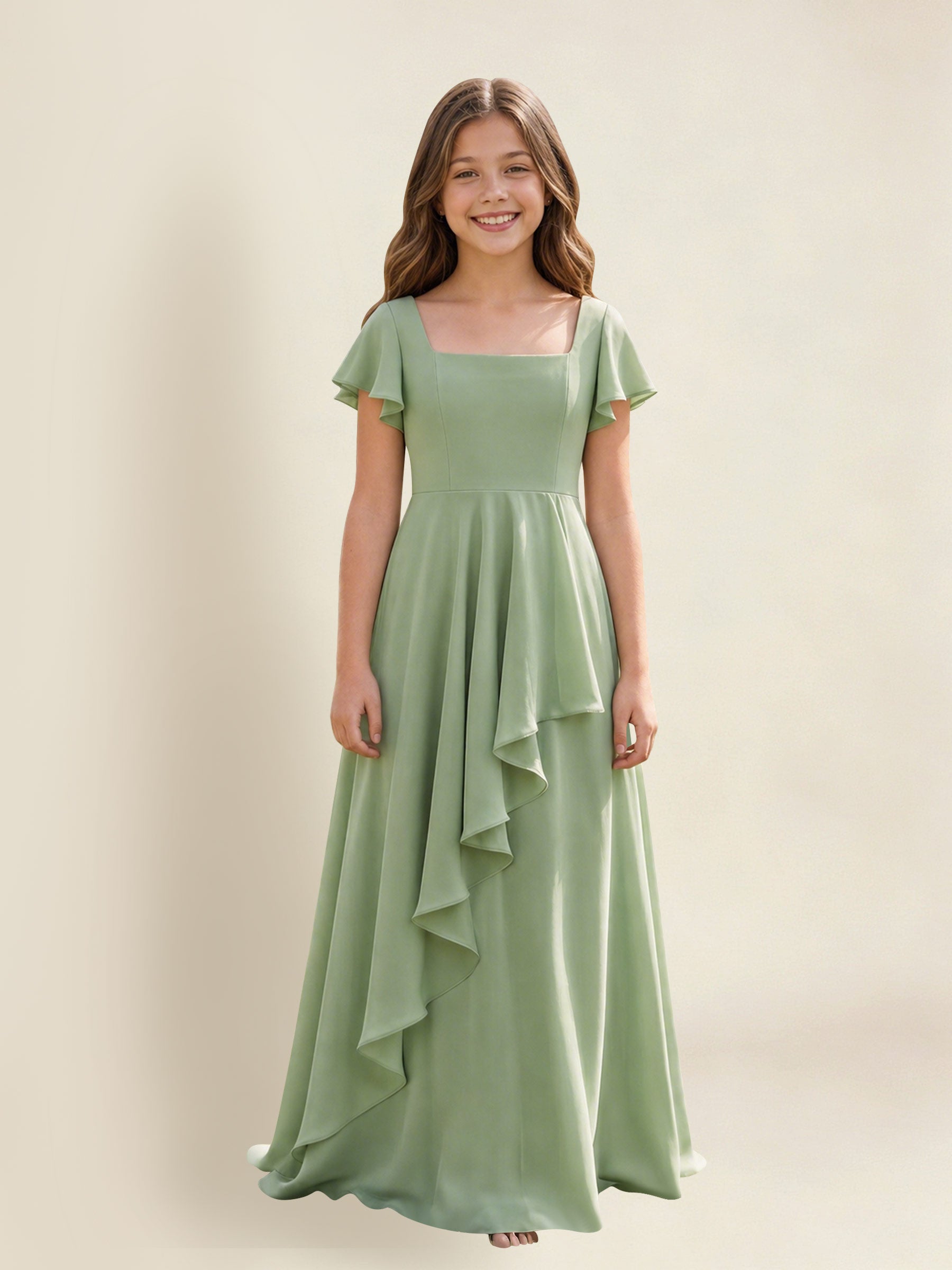 ROVDESY A-Line Square Neck Ruffle Chiffon Junior Bridesmaid Dress With Short Sleeves