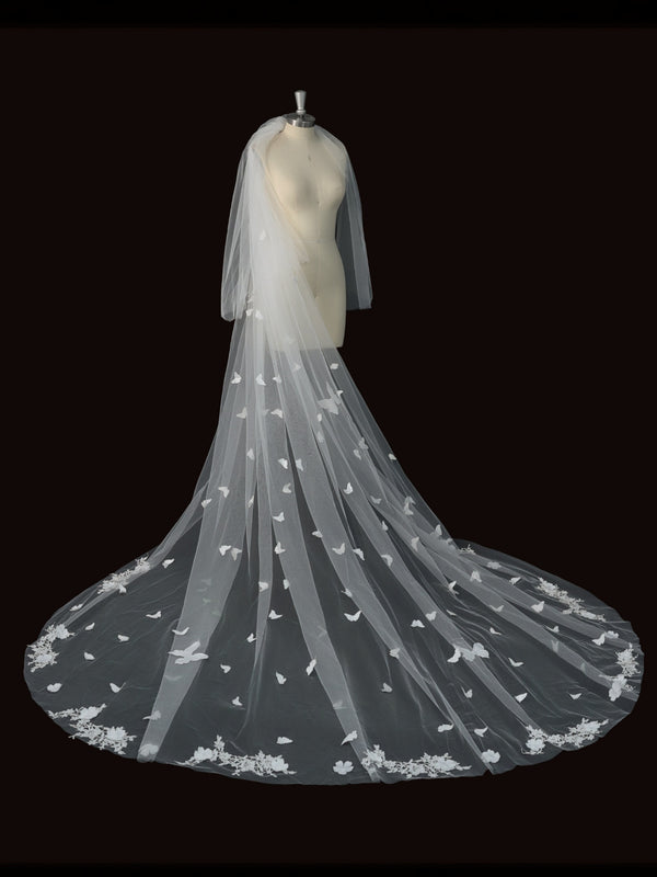 Two-Tier Cathedral Wedding Veil with 3D Butterflies & Floral Lace Trim