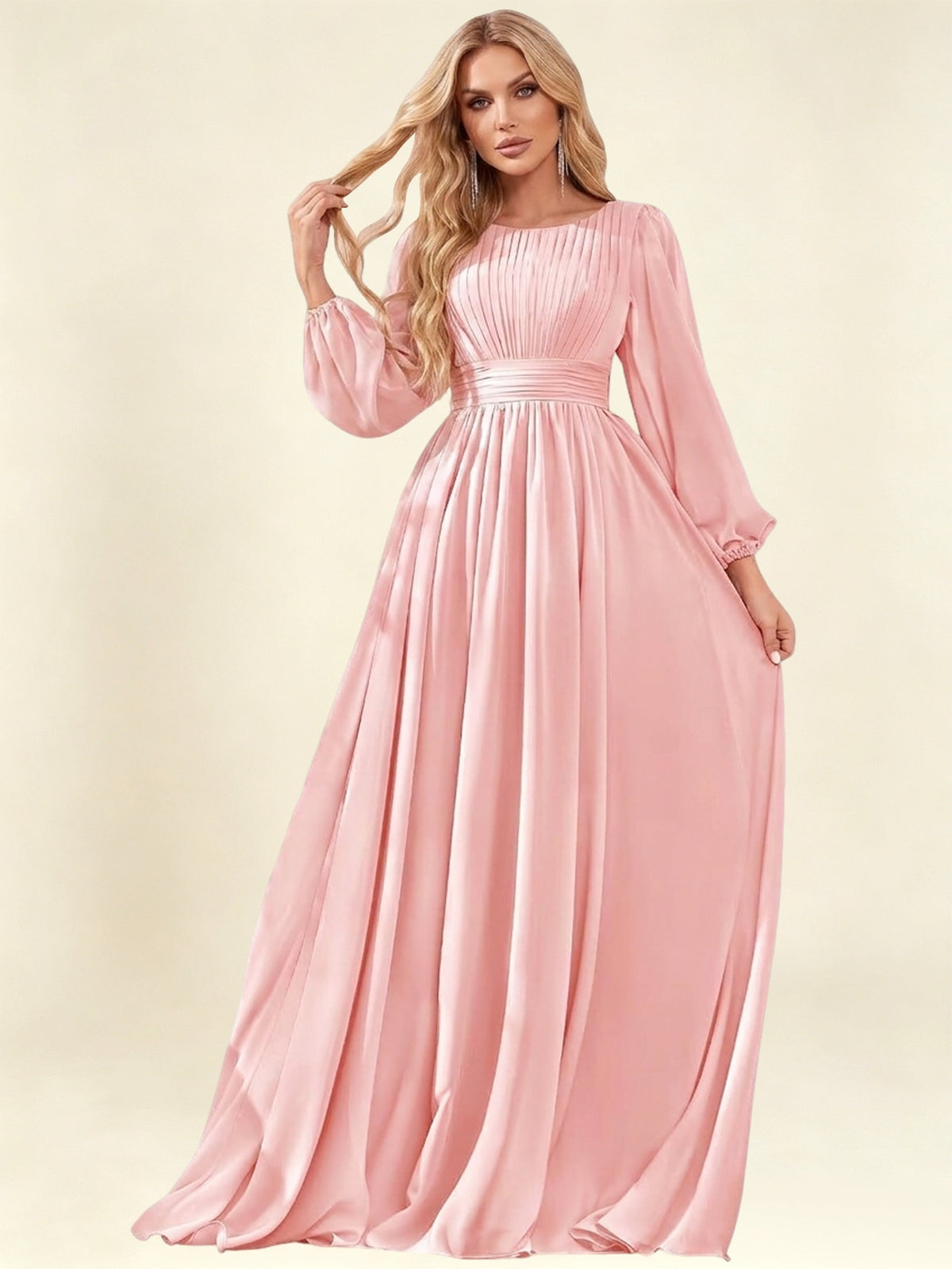 A-Line Pleated Long Chiffon Bridesmaid Dress With Long Sleeves