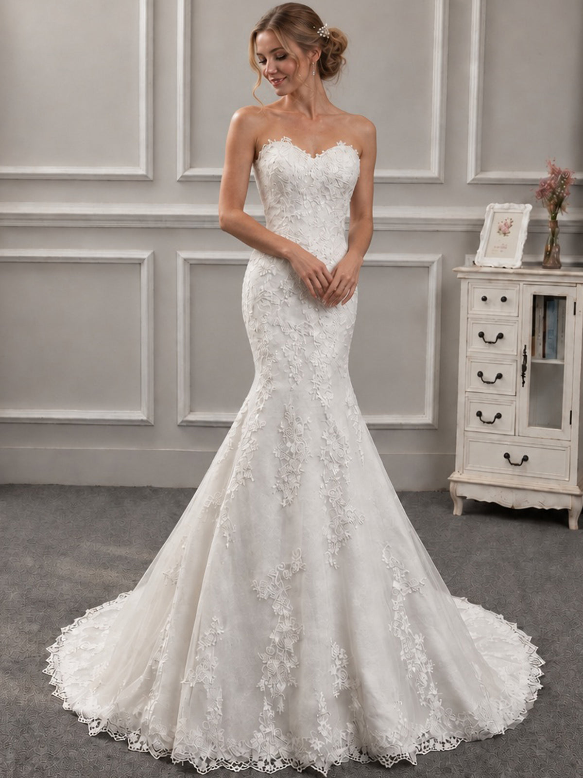 Strapless Sweetheart Lace Mermaid Wedding Dress with Corset Back