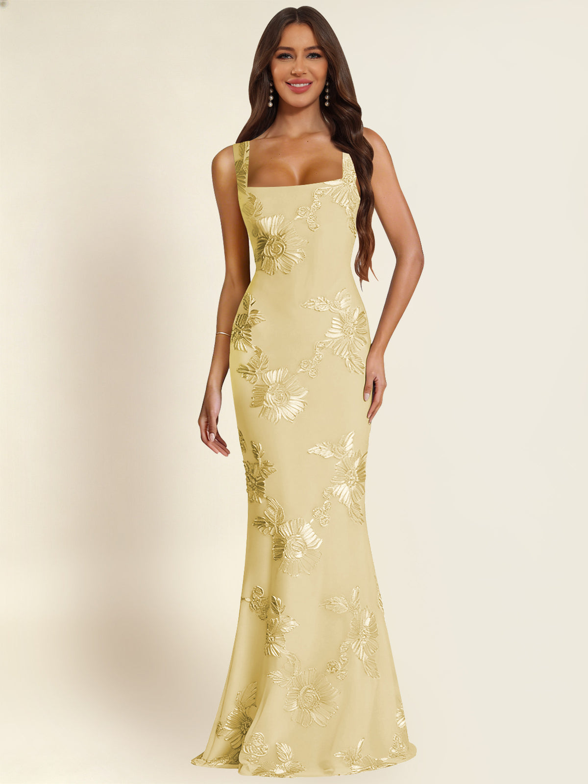 ROVDESY Square Neck Floral Applique Mermaid Long Prom/Bridesmaid Dress