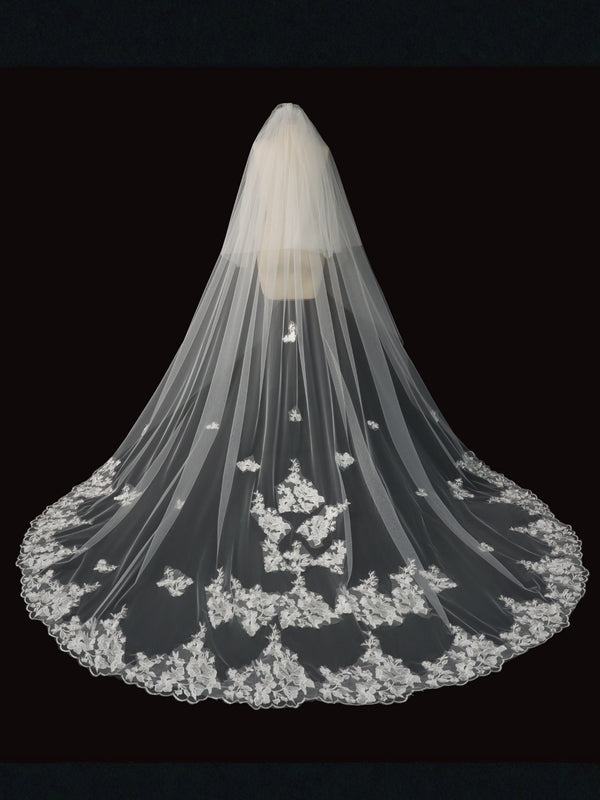 Two-Tier Cathedral Wedding Veil with Scattered Floral Lace Applique & Lace Hem