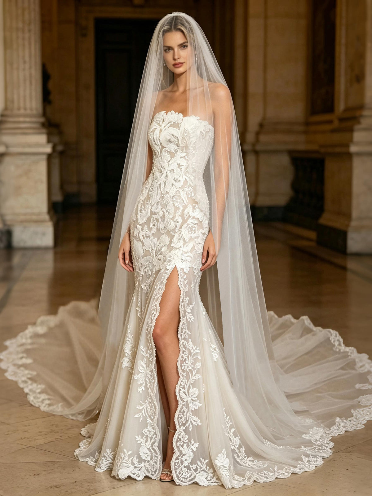 Strapless Lace Mermaid Wedding Dress With High Slit Sweep Train Bridal Gown