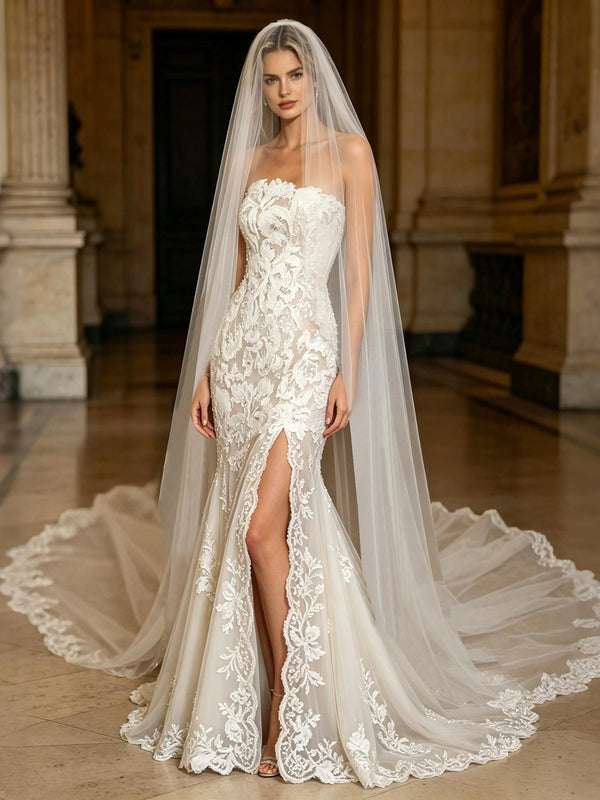Strapless Lace Mermaid Wedding Dress With High Slit Sweep Train Bridal Gown
