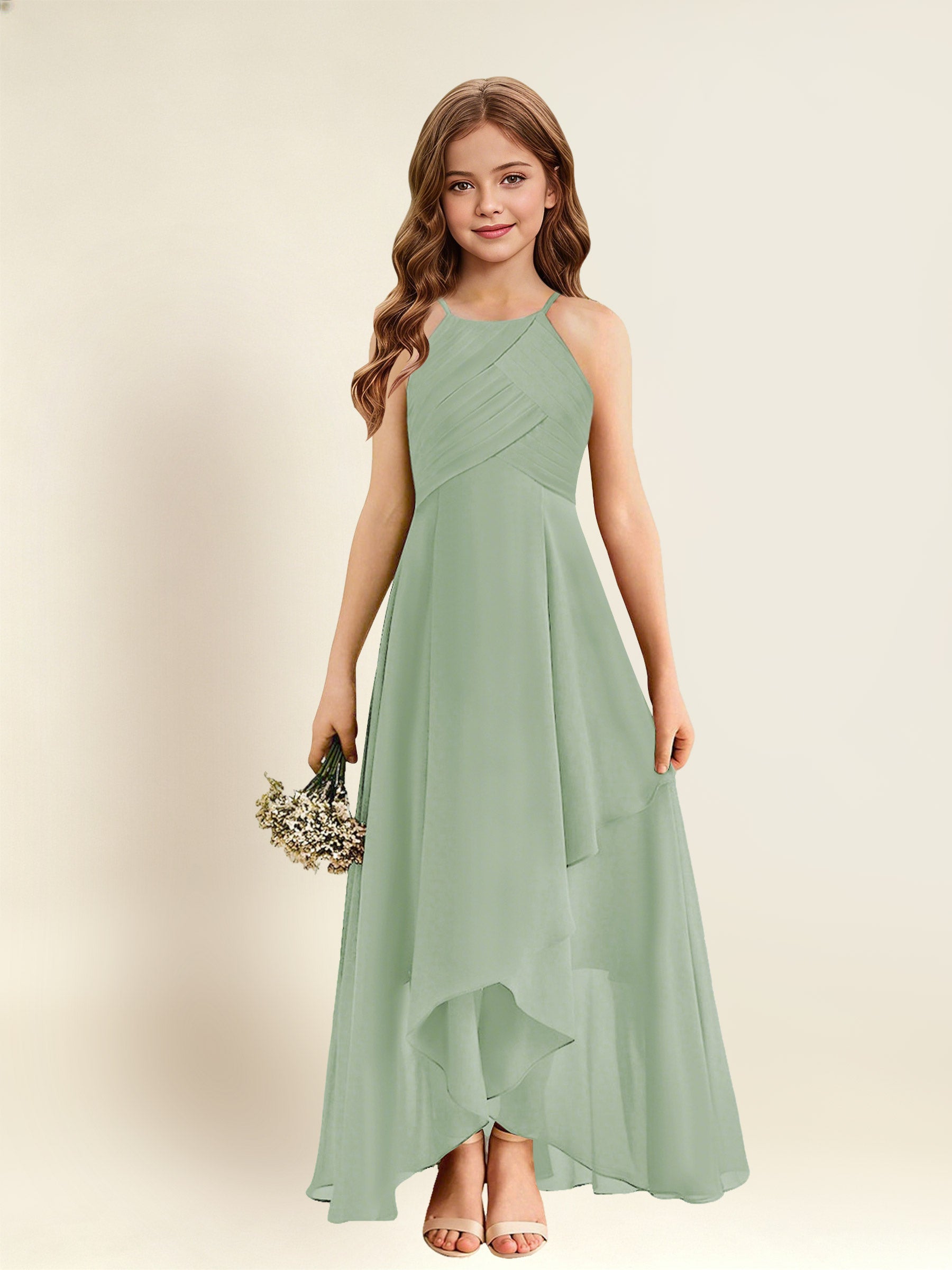 ROVDESY A-Line Halter Pleated Chiffon Junior Bridesmaid Dress