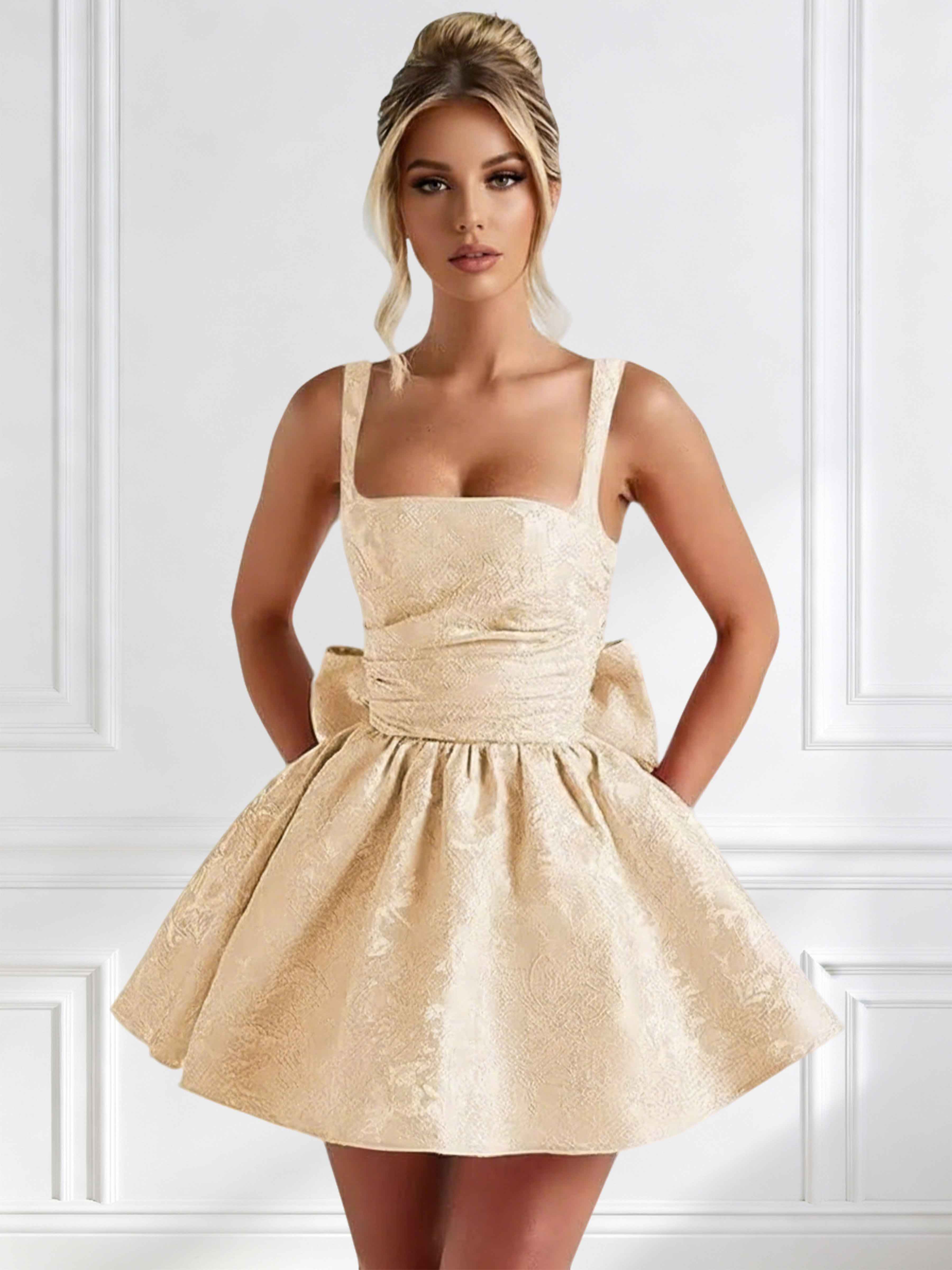 ROVDESY A-Line Square Neck Jacquard Satin Homecoming Mini Dress With Big Bow