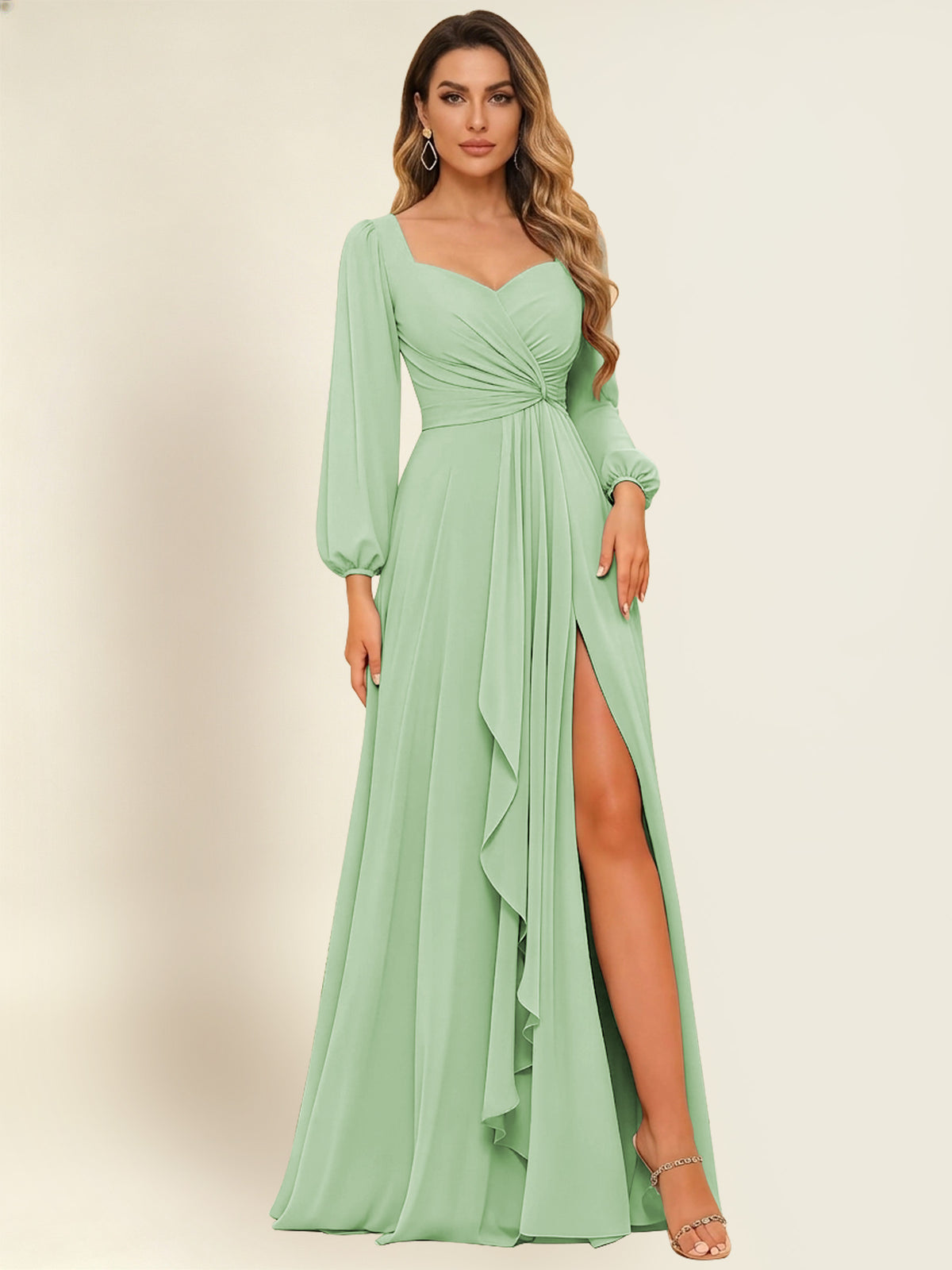 A-Line Long Sleeve Chiffon Bridesmaid Dress With Slit