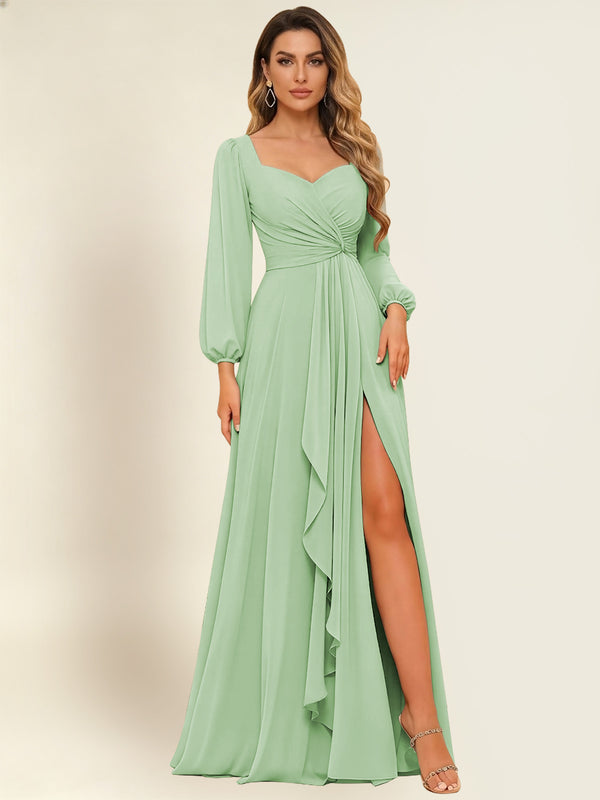 A-Line Long Sleeve Chiffon Bridesmaid Dress With Slit