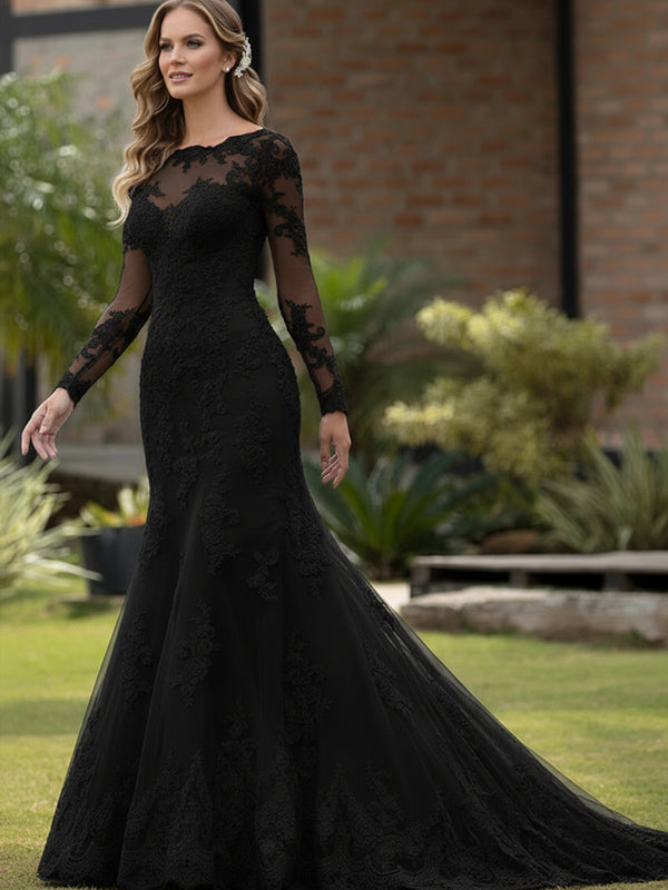 Long Sleeve Illusion Neck Lace Mermaid Wedding Dress with Sweep Train