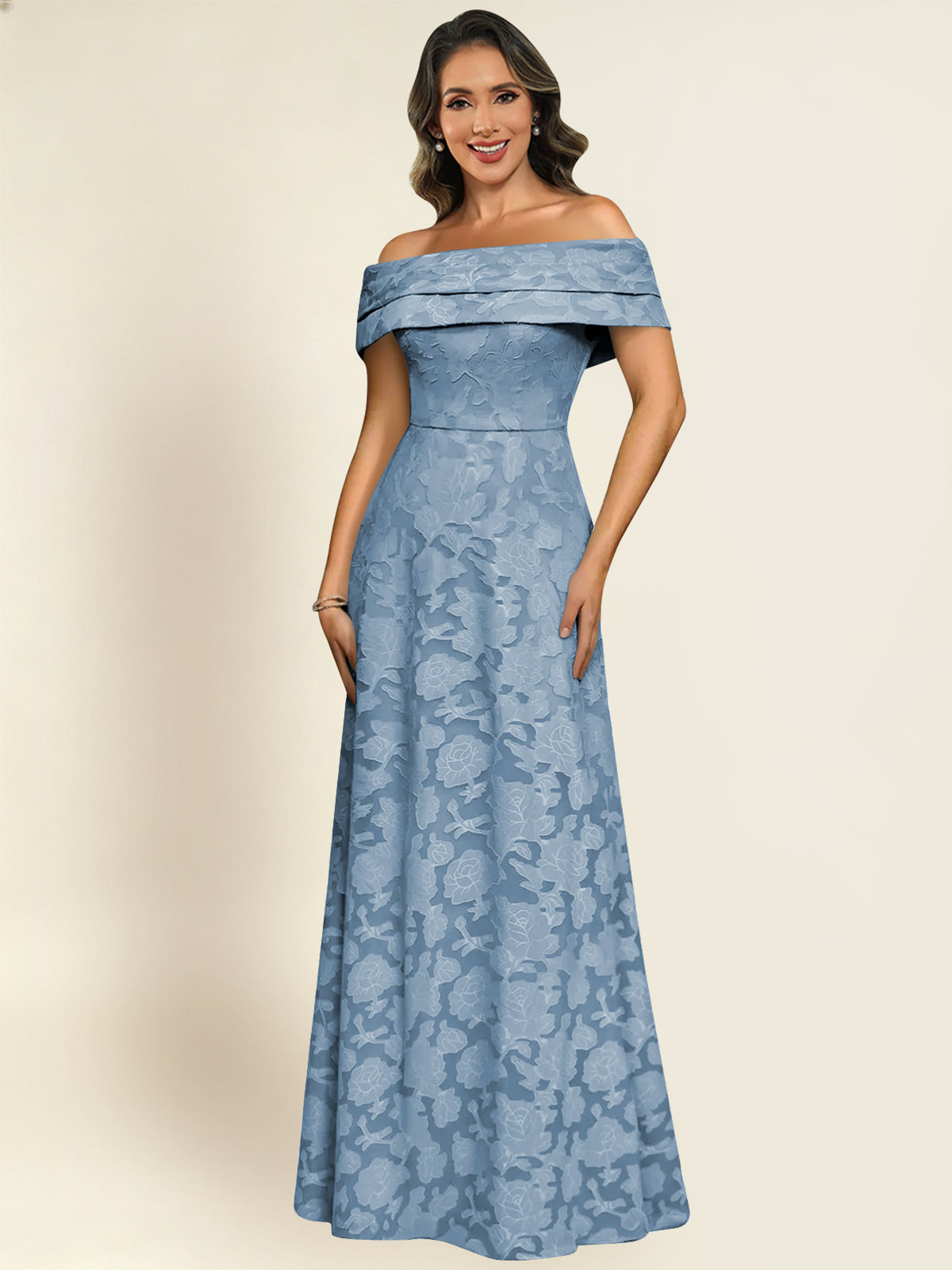 ROVDESY Off the Shoulder Floral Jacquard A-Line Long Mother of the Bride Dress