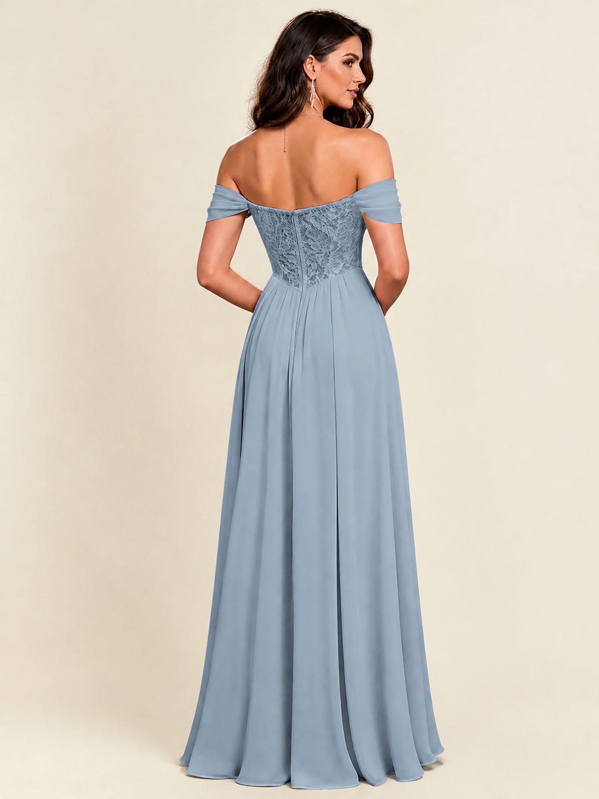 Off the Shoulder Long Chiffon Ruffle Lace Pleated Dress with Slit