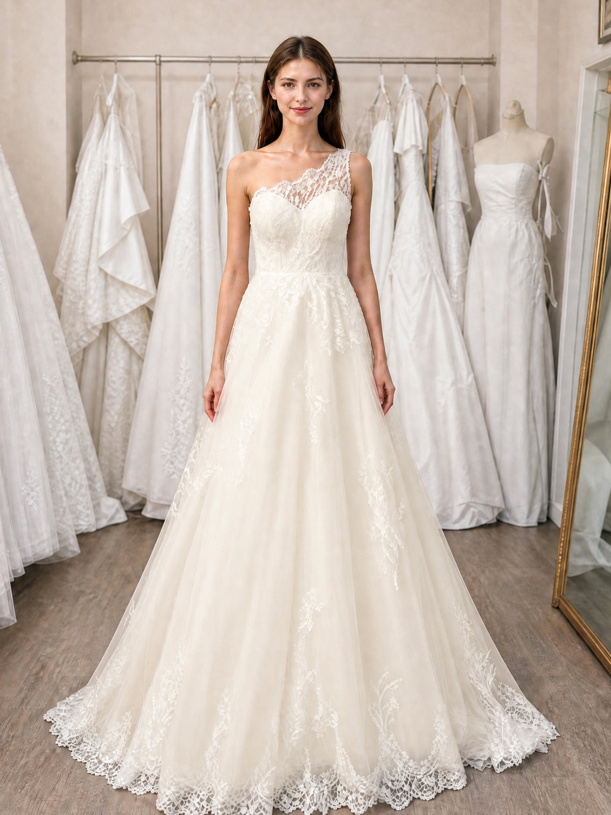 One Shoulder Lace A-Line Tulle Wedding Dress Bridal Gown