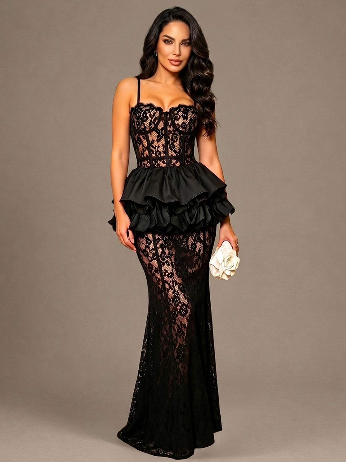 Spaghetti Strap Lace Corset Mermaid Gown with Tiered Ruffle Peplum