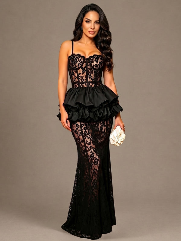 Spaghetti Strap Lace Corset Mermaid Gown with Tiered Ruffle Peplum