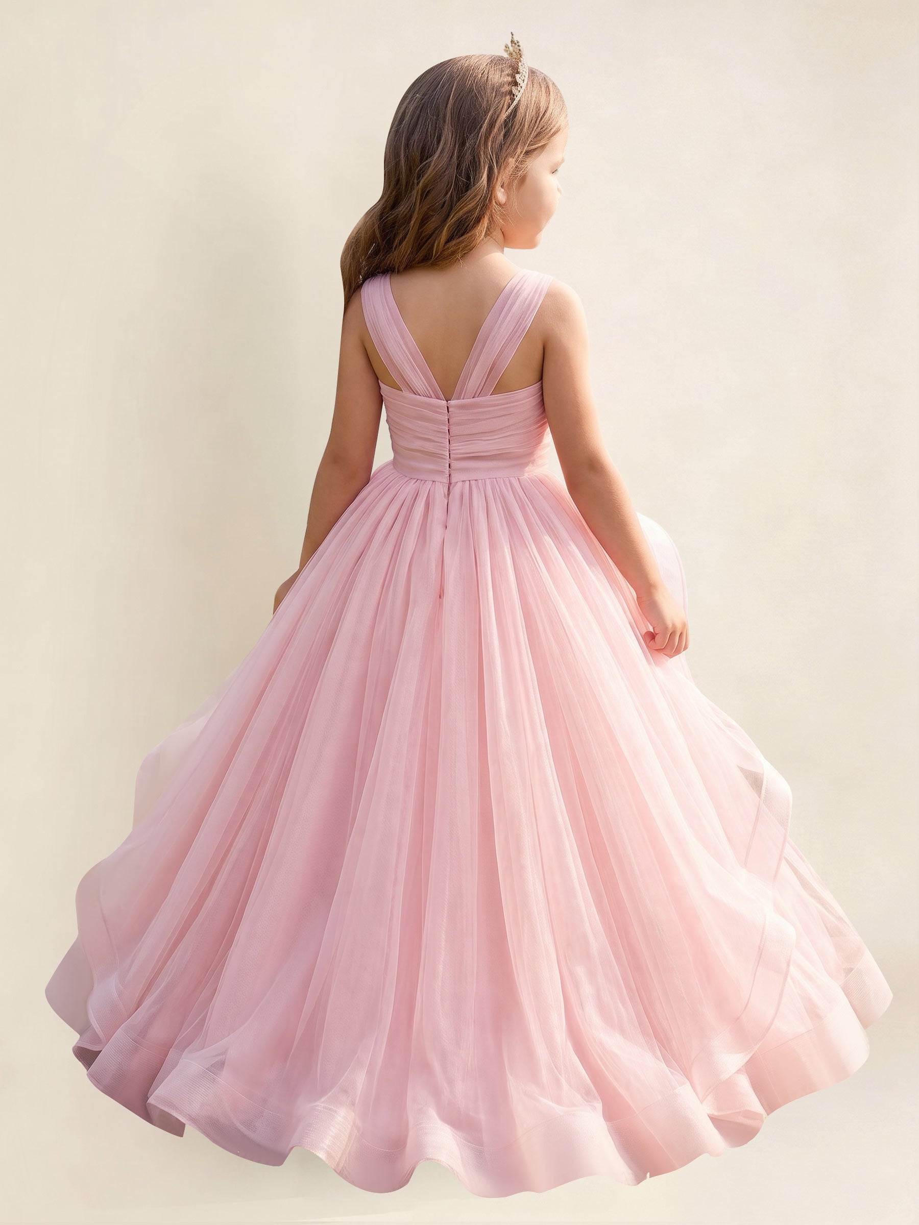 ROVDESY A-Line V-Neck Tulle Flower Girl Dress With Sleeveless Long Ball Gown Dress