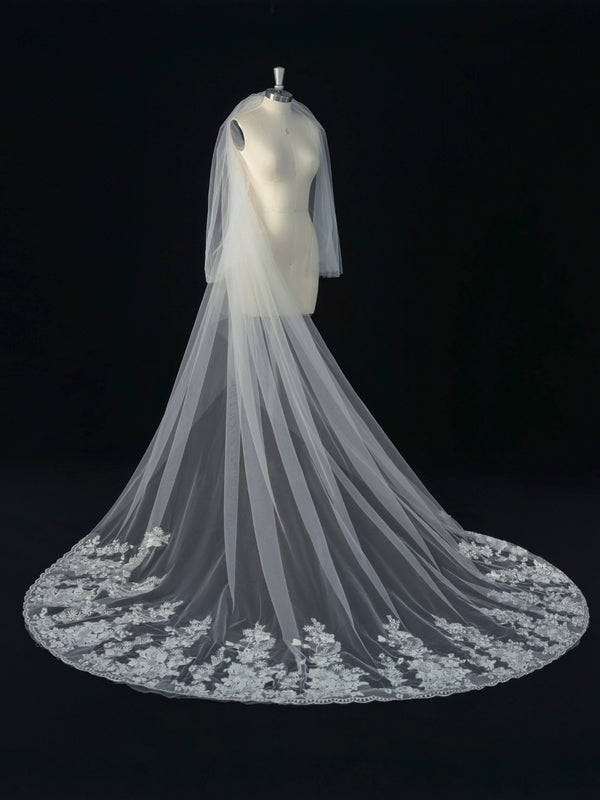 Two-Tier Cathedral Wedding Veil with Floral Lace Applique & Comb