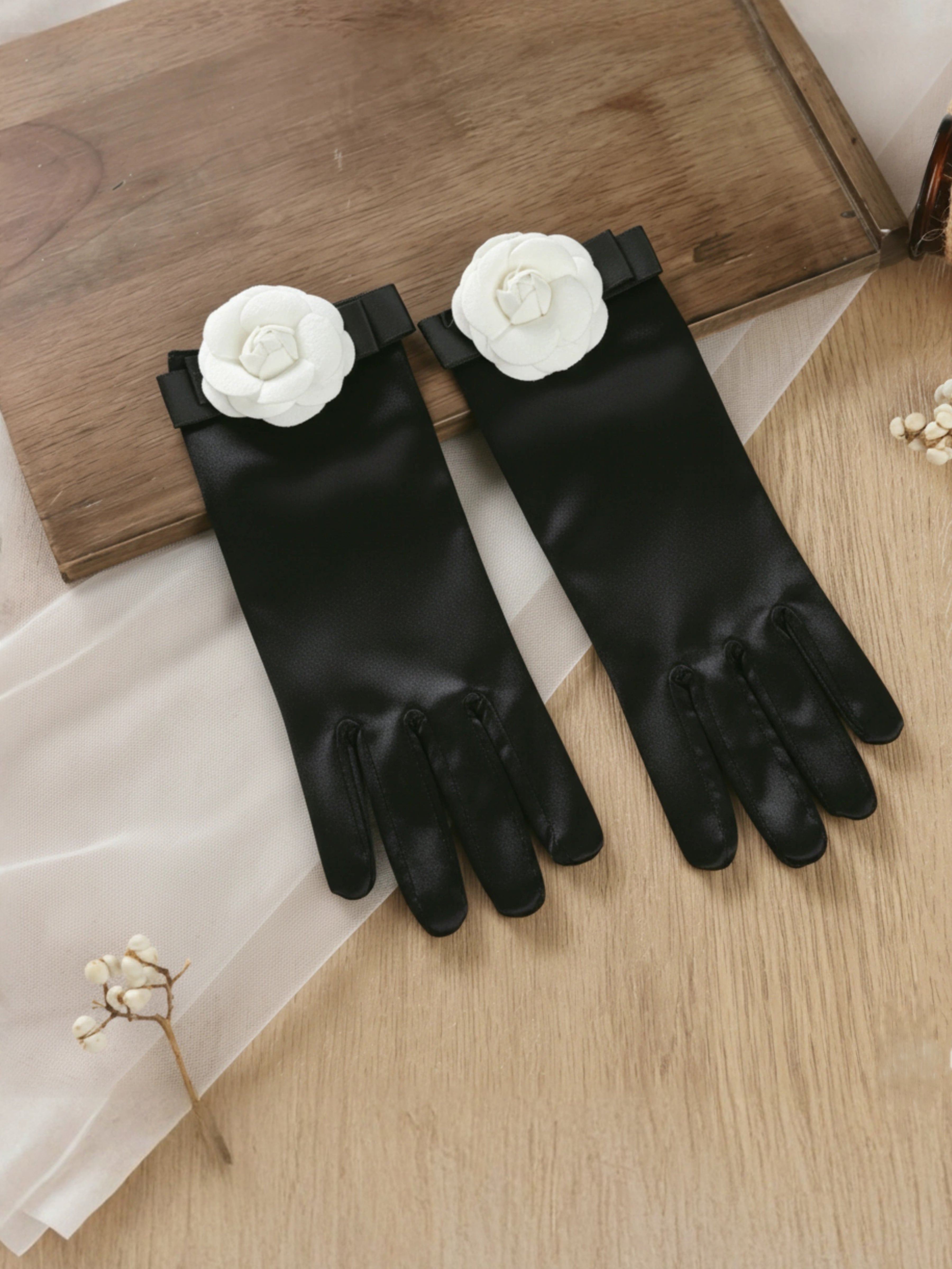 ROVDESY Black Satin Opera Gloves with White Camellia Flower Accent