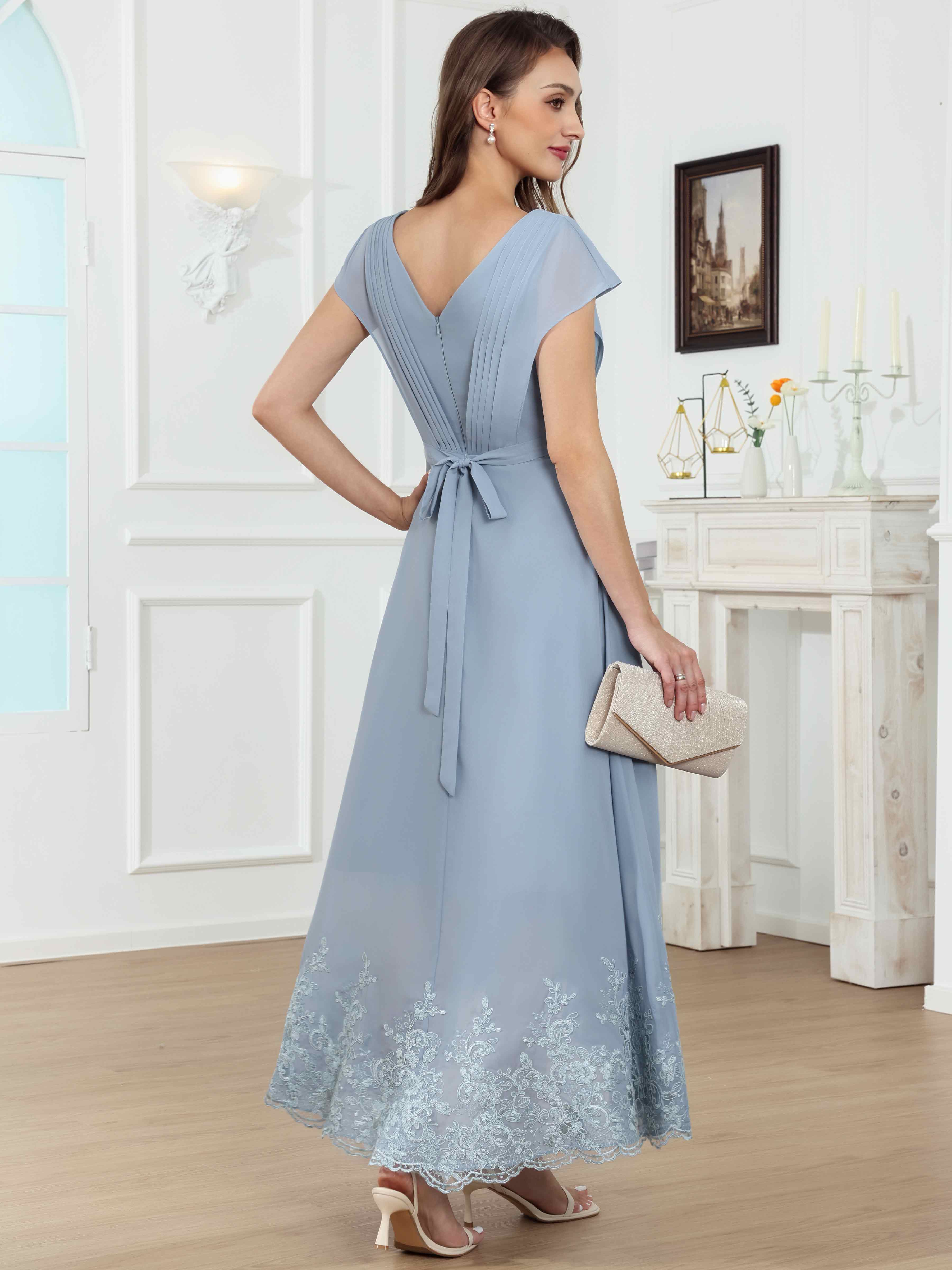 ROVDESY Tea Length High-Low V-Neck Ruched Lace Chiffon Mother of The Bride Dress for Women