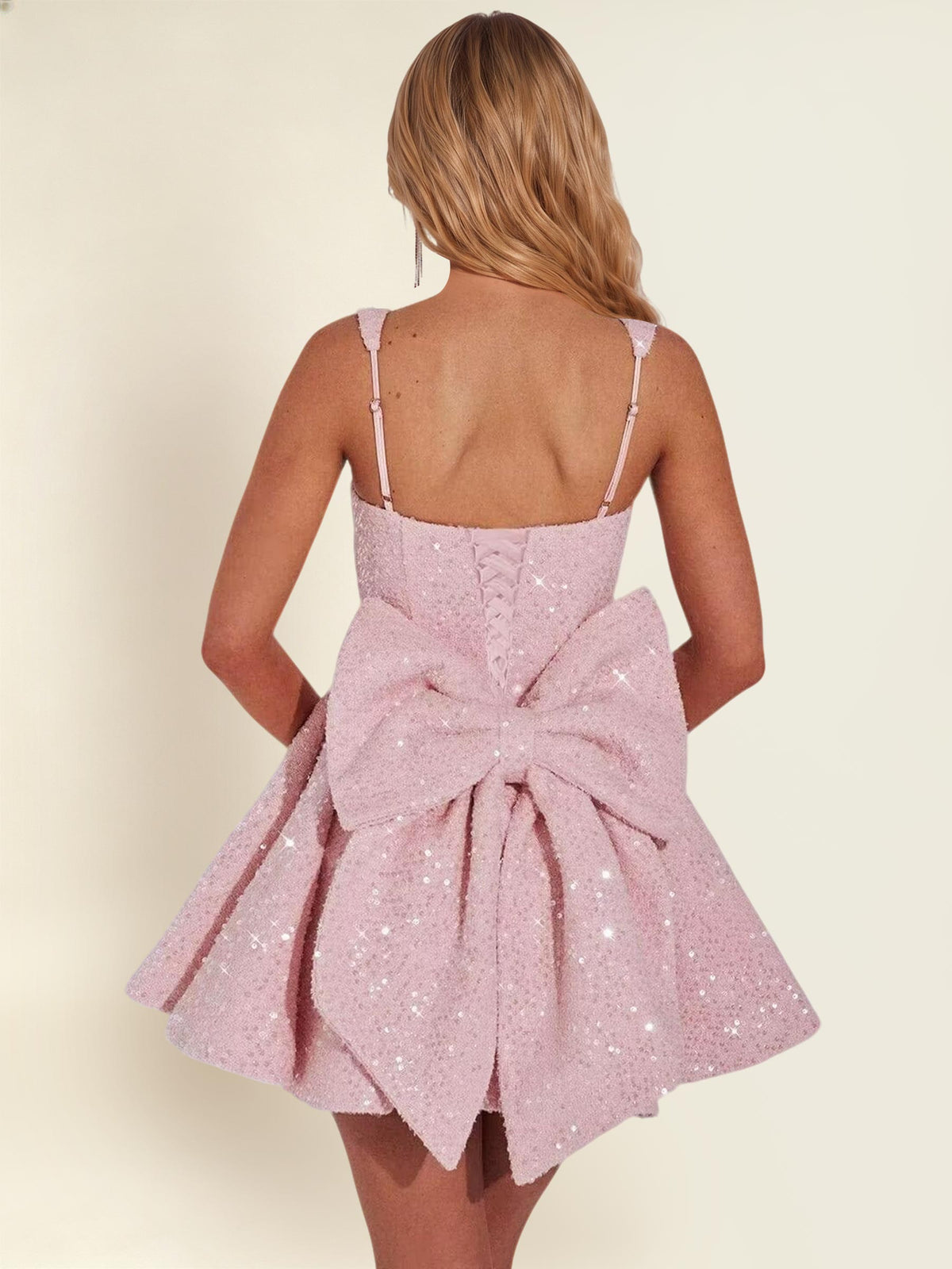ROVDESY Sparkly Sequin A-Line Square Neck Homecoming Mini Dress With Big Bow