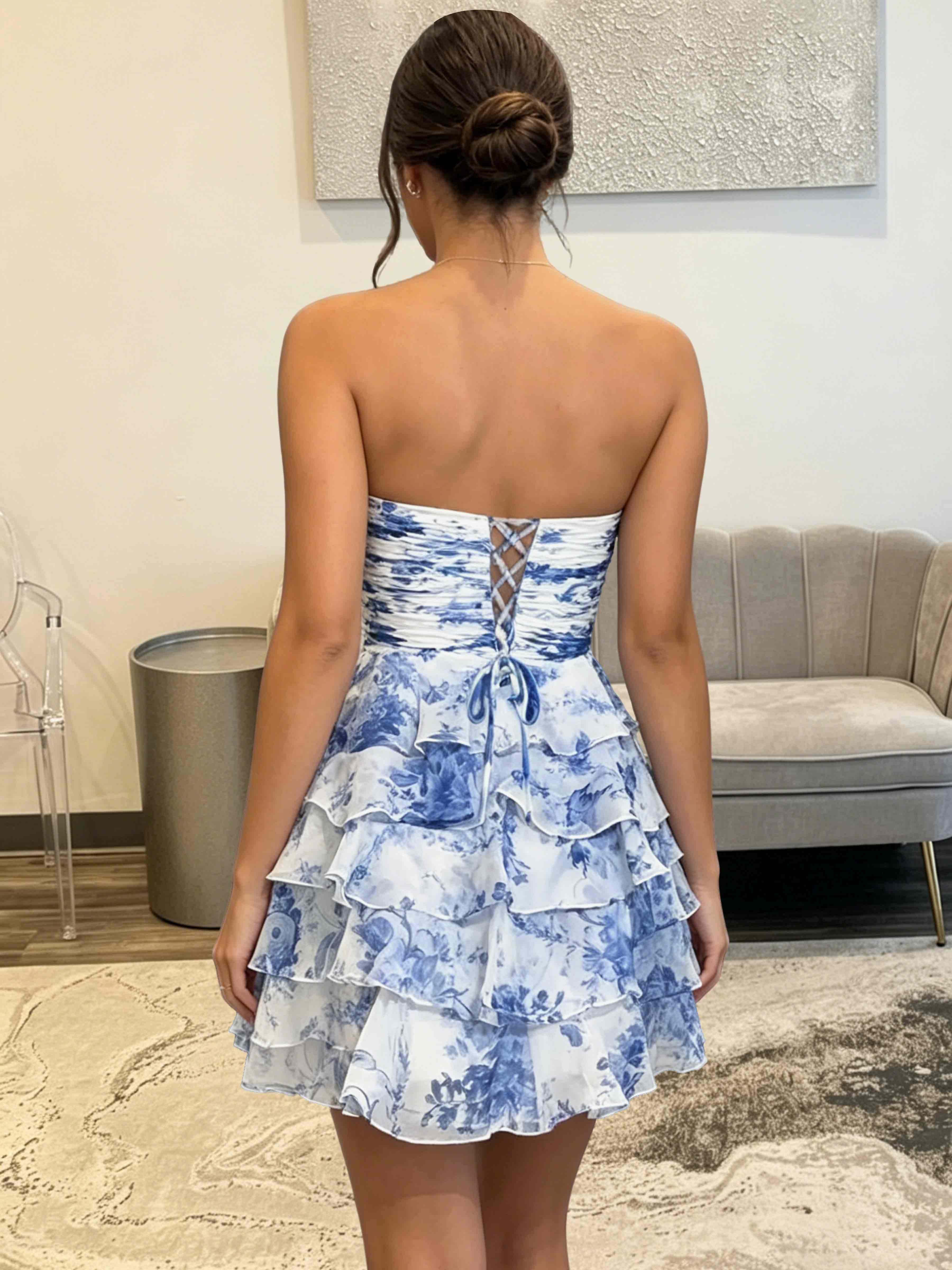 ROVDESY Strapless Tiered Ruffle Floral Print Chiffon Homecoming Mini Dress