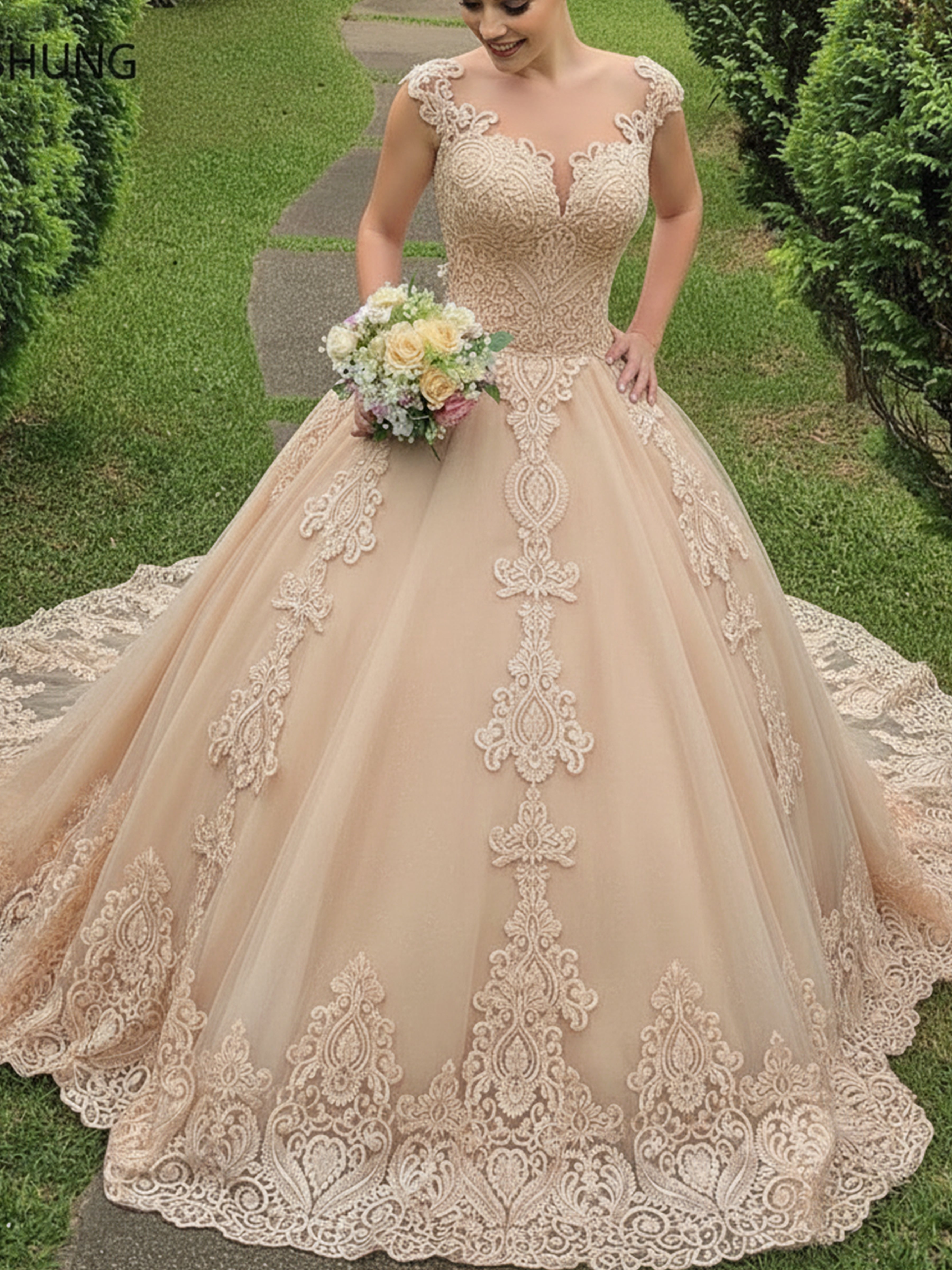 ROVDESY Cap Sleeve Illusion Lace Applique Ball Gown Wedding Dress for Bride