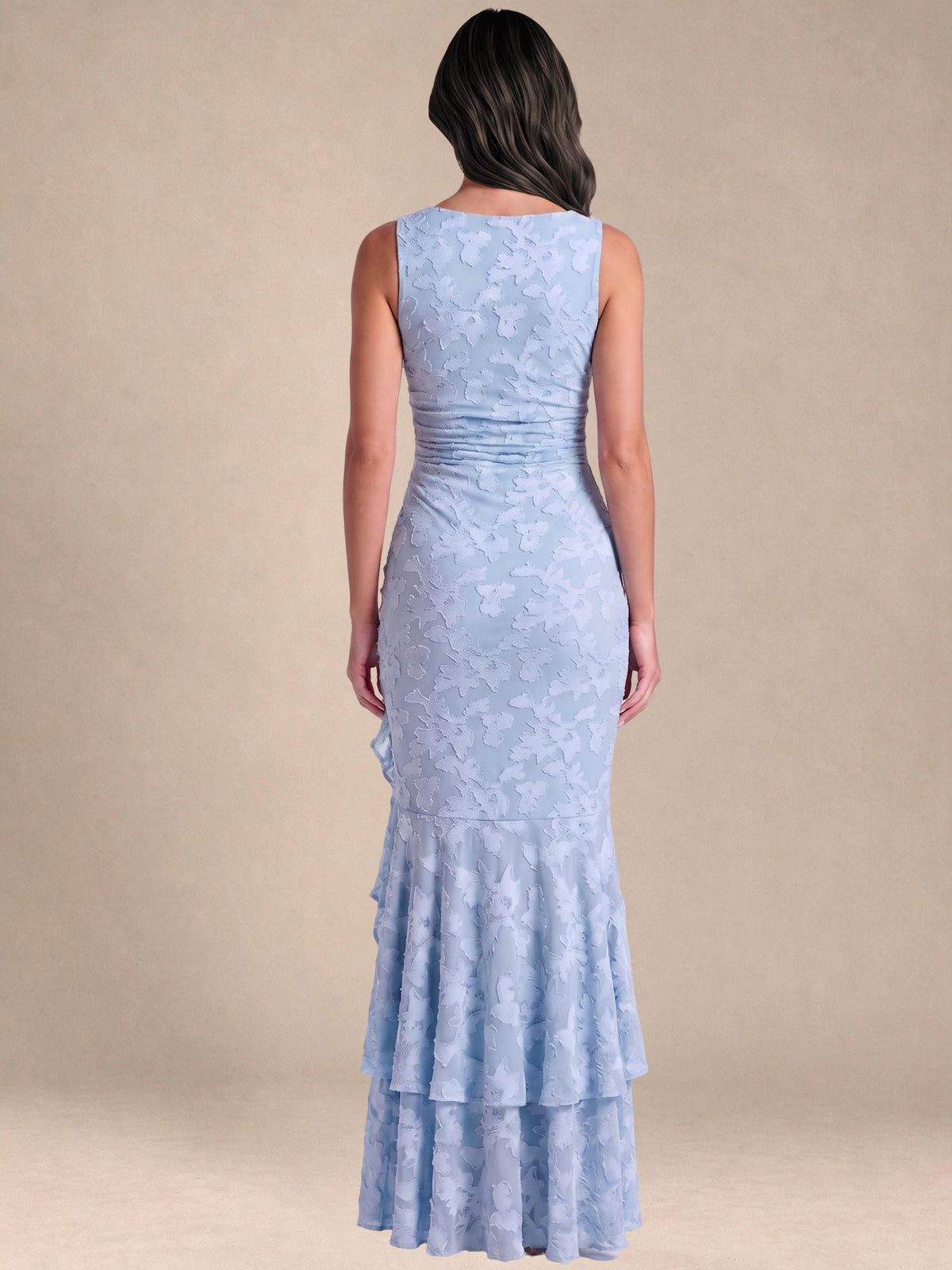 Square Neck Floral Bridesmaid/Formal Dress With Ruffle High Slit