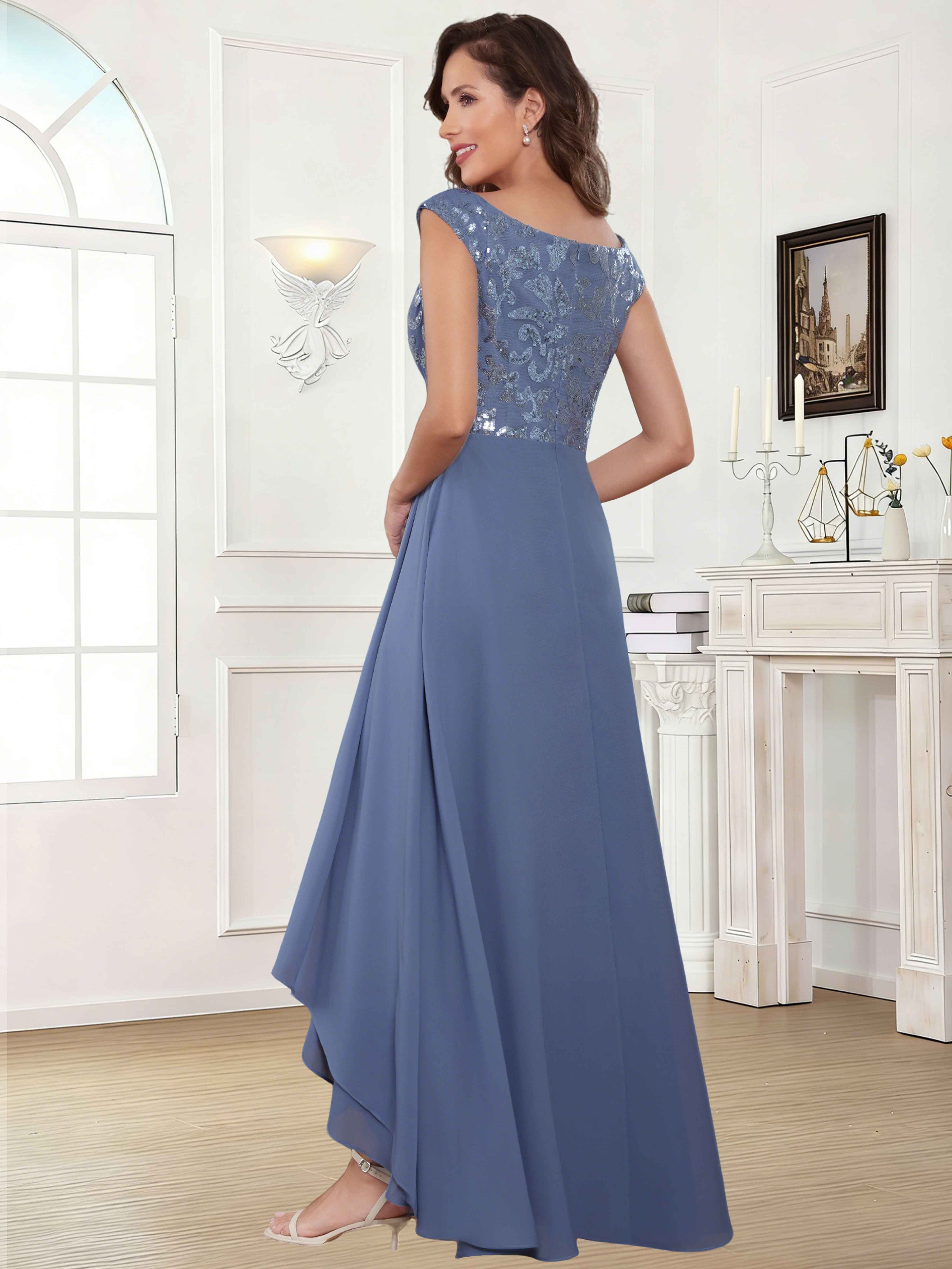 ROVDESY Tea Length Off-The-Shoulder Sequin Chiffon Mother Of The Bride Dress