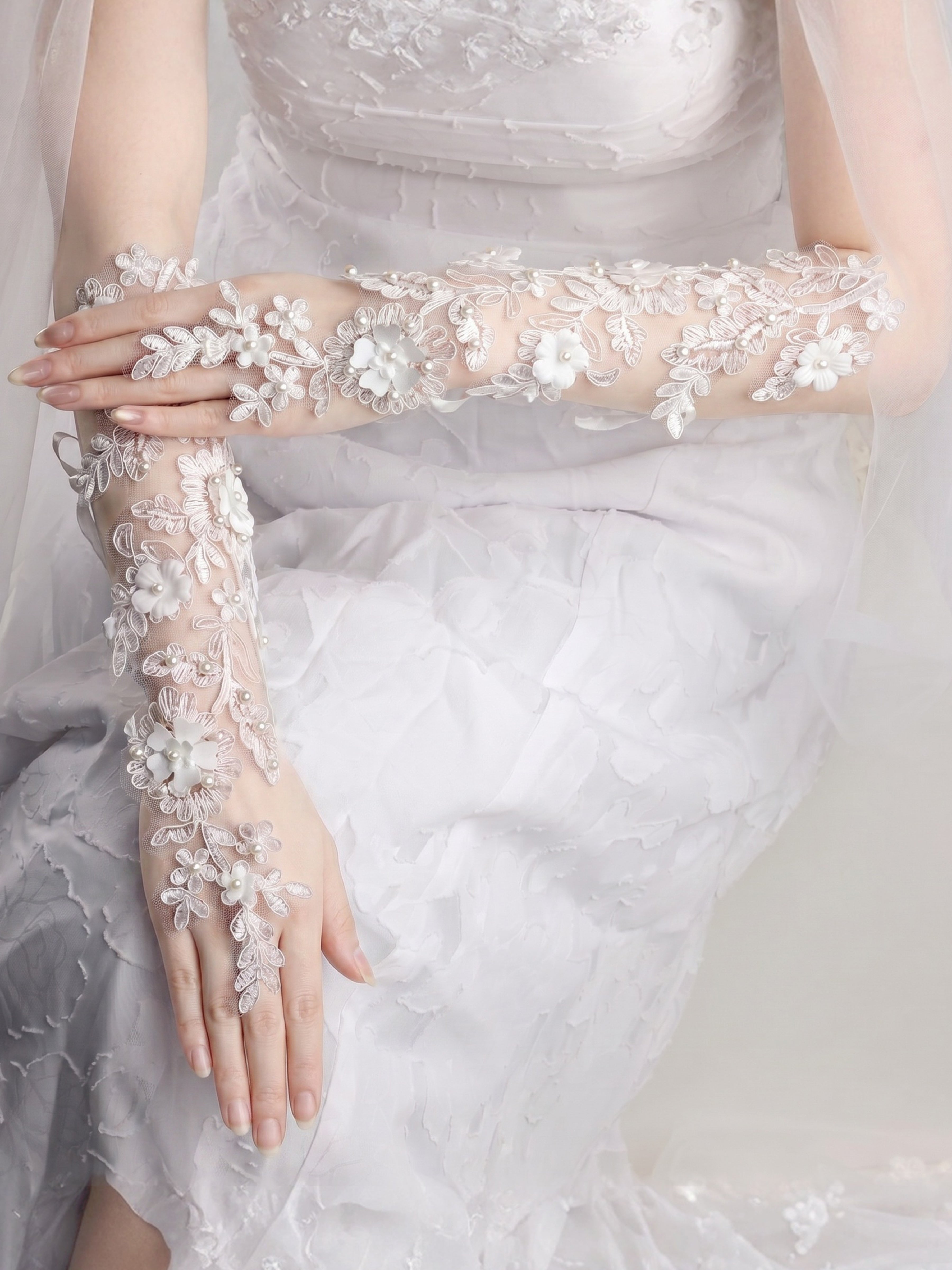 ROVDESY Romantic Floral Lace Sheer Bridal Gloves with Pearl Accents
