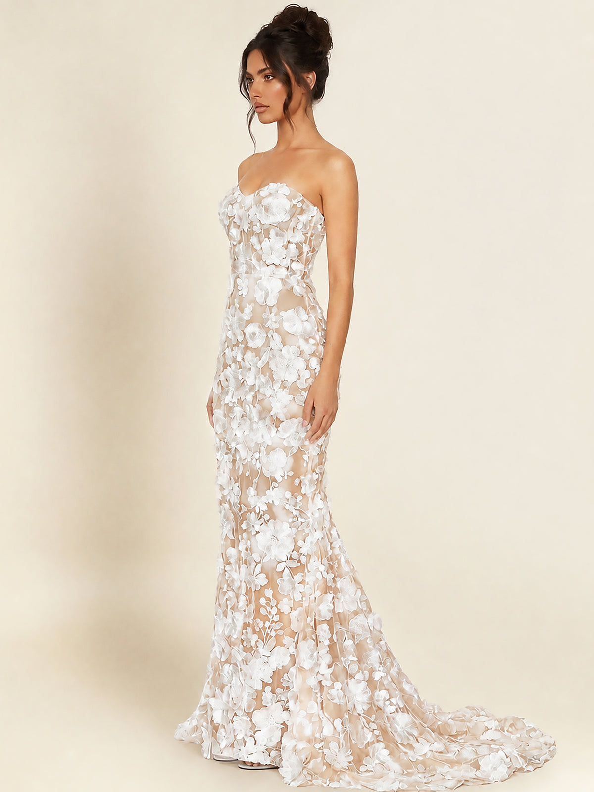 Strapless 3D Floral Lace Mermaid Long Formal Dress With Corset Back