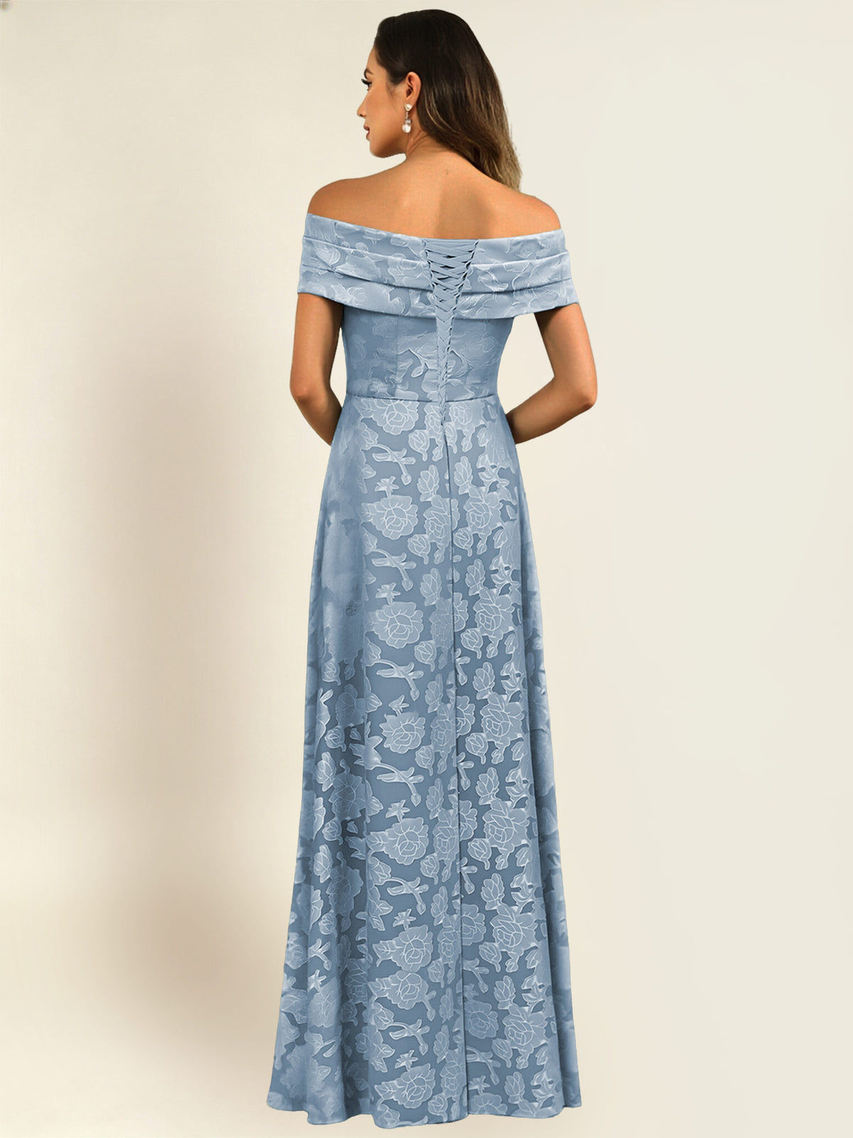 ROVDESY Off the Shoulder Floral Jacquard A-Line Long Mother of the Bride Dress
