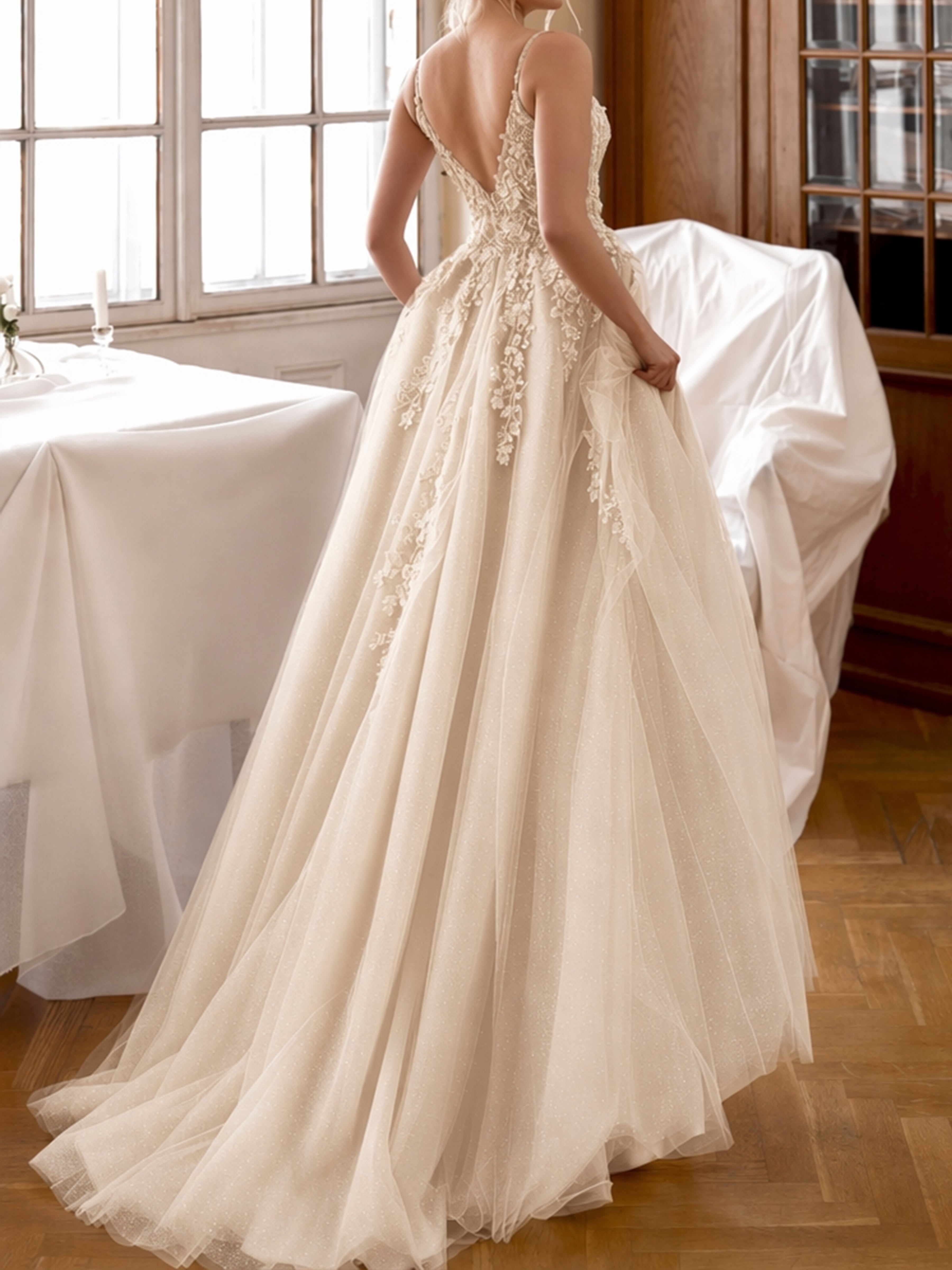 ROVDESY  Spaghetti Strap Deep V Neck Lace A-Line Wedding Dress Bridal Gown With Slit
