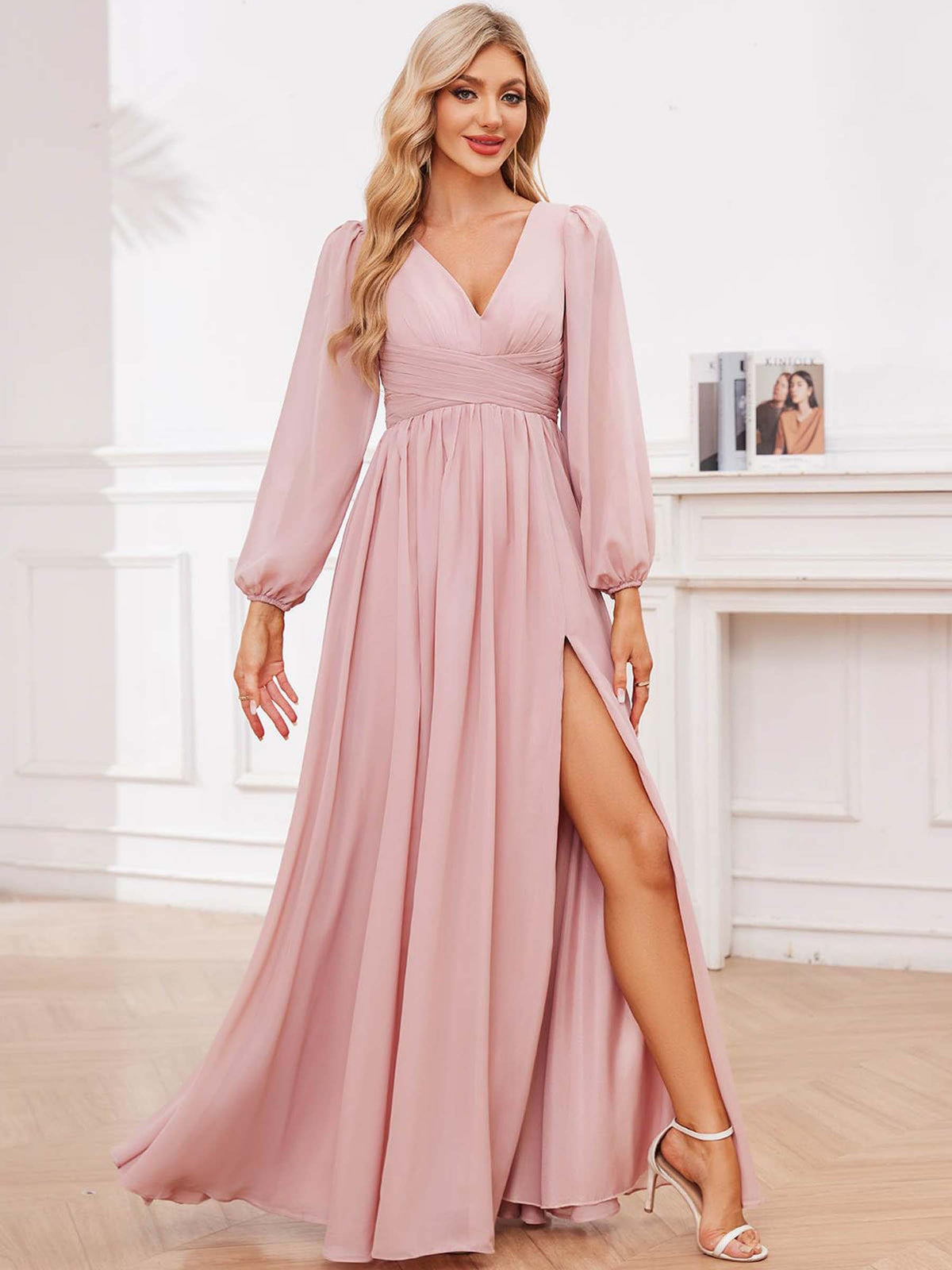 Long Sleeve Chiffon Maxi Dress with Slit