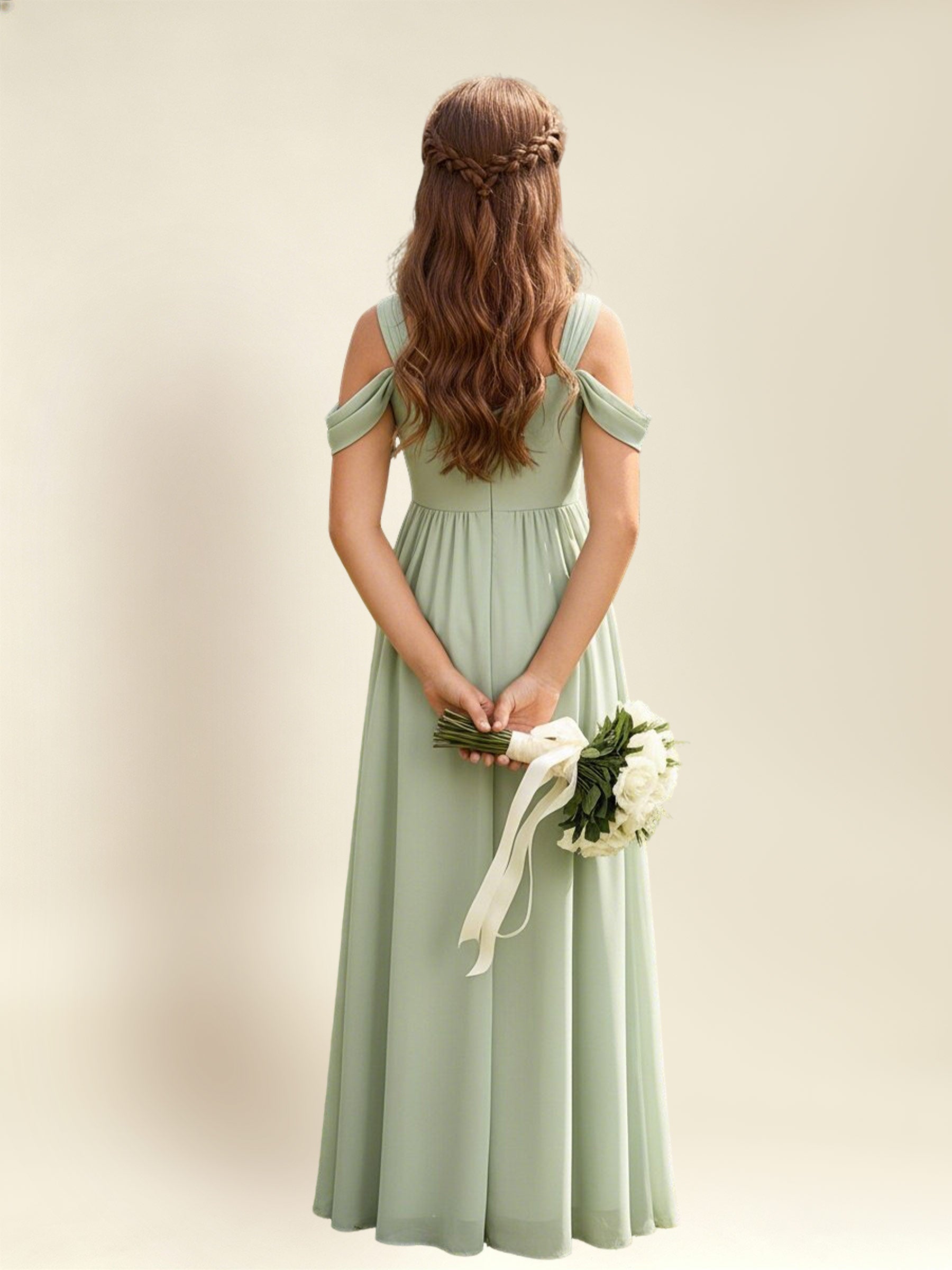 ROVDESY A-Line Off The Shoulder Pleated Chiffon Junior Bridesmaid Dress