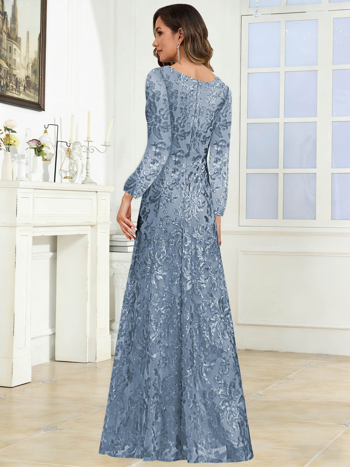 Crew Neck Sequin Lace Long Sleeve Mother of the Bride Dress