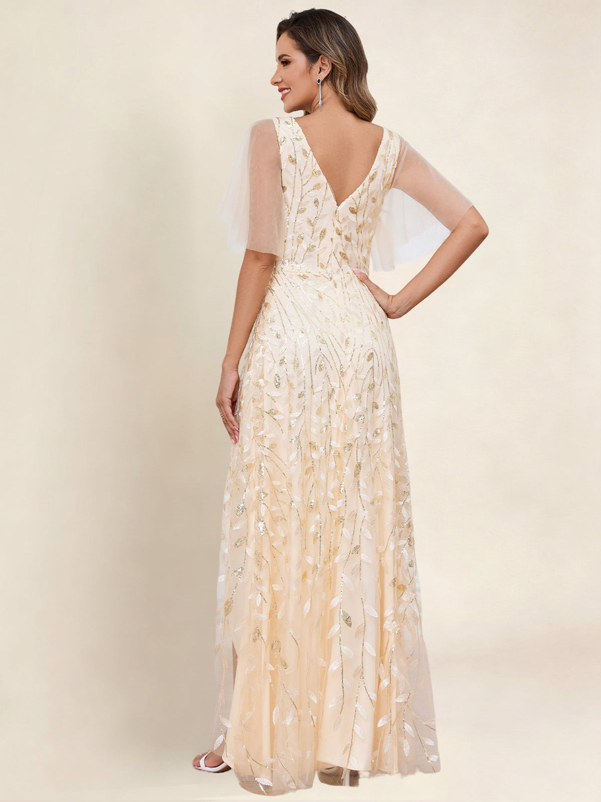 V Neck Sequin Tulle A Line Mother of the Bride Dress with Sleeves