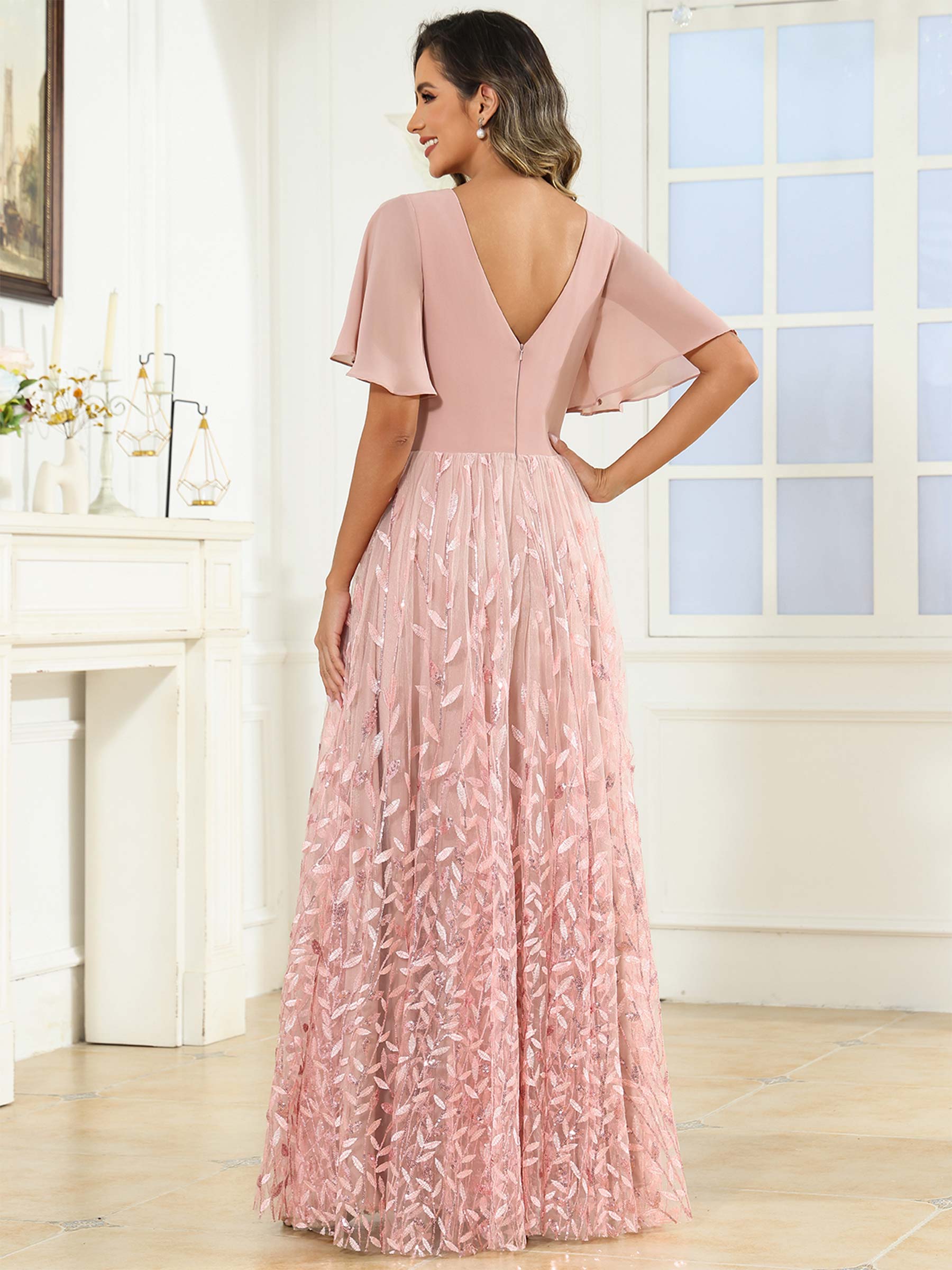 ROVDESY A-Line V-Neck Chiffon Sequin Mother Of The Bride Dress With Short Sleeves