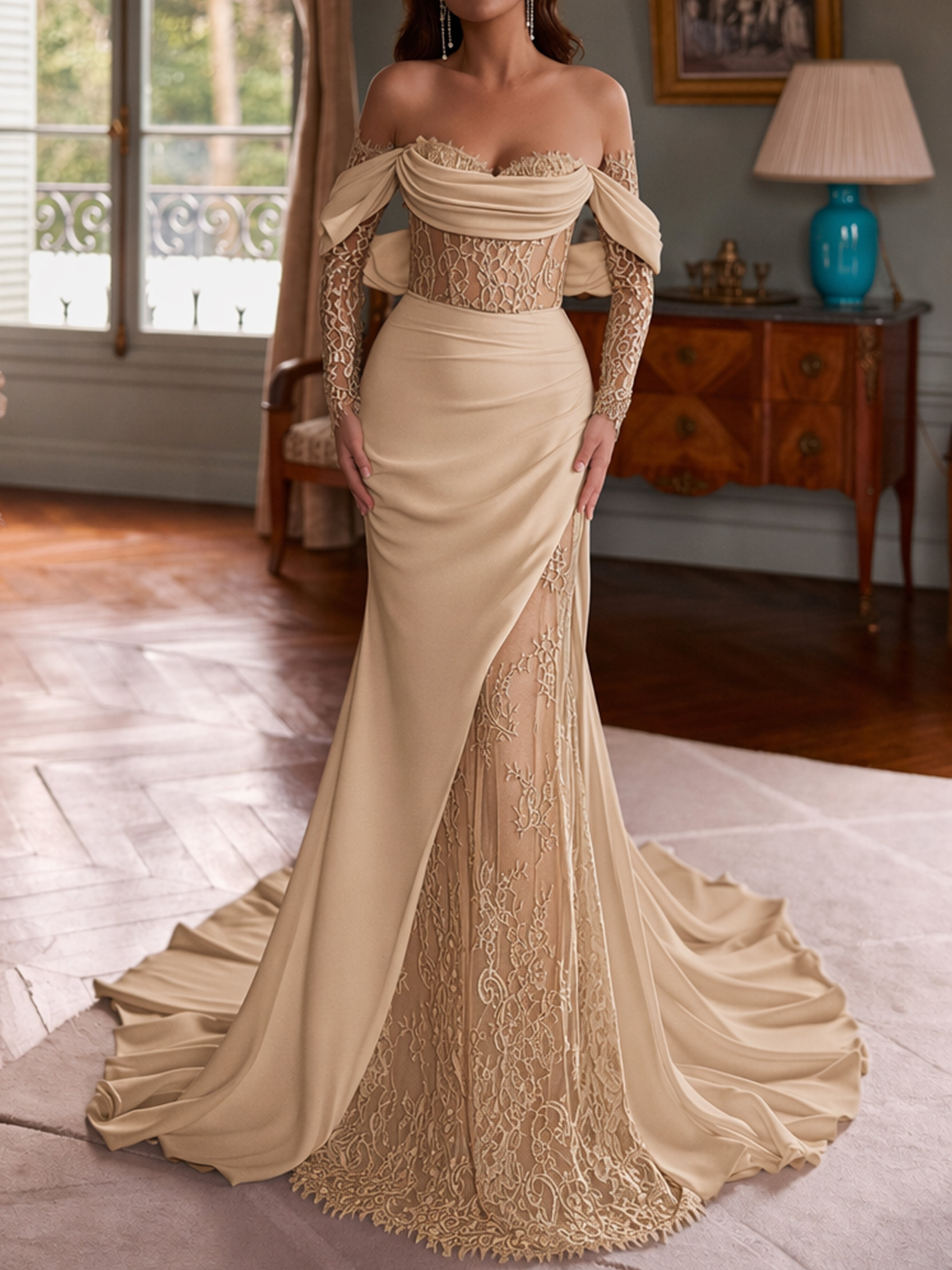 ROVDESY Off The Shoulder Long Sleeve Lace Mermaid Wedding Dress Bridal Gown With Slit