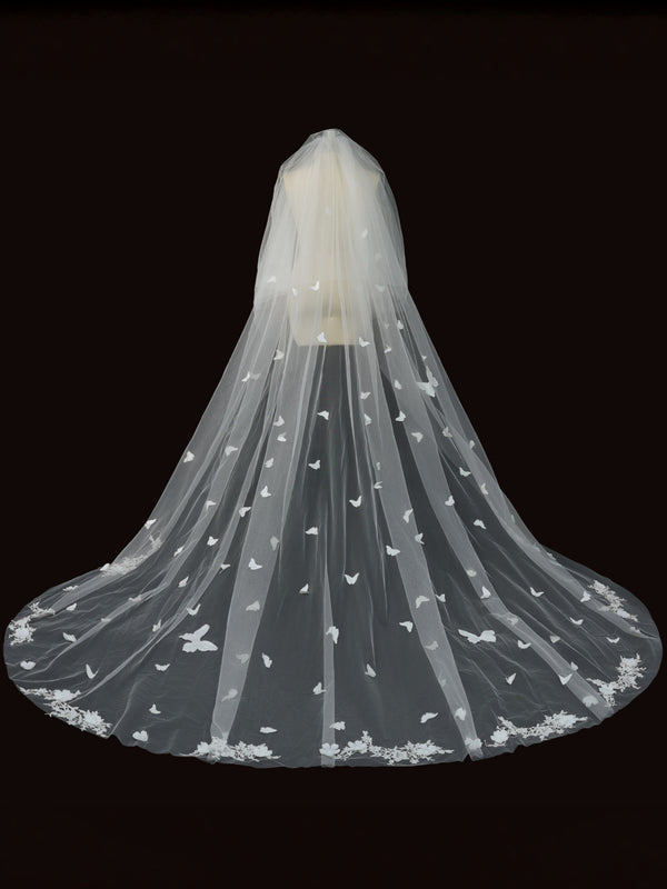 Two-Tier Cathedral Wedding Veil with 3D Butterflies & Floral Lace Trim