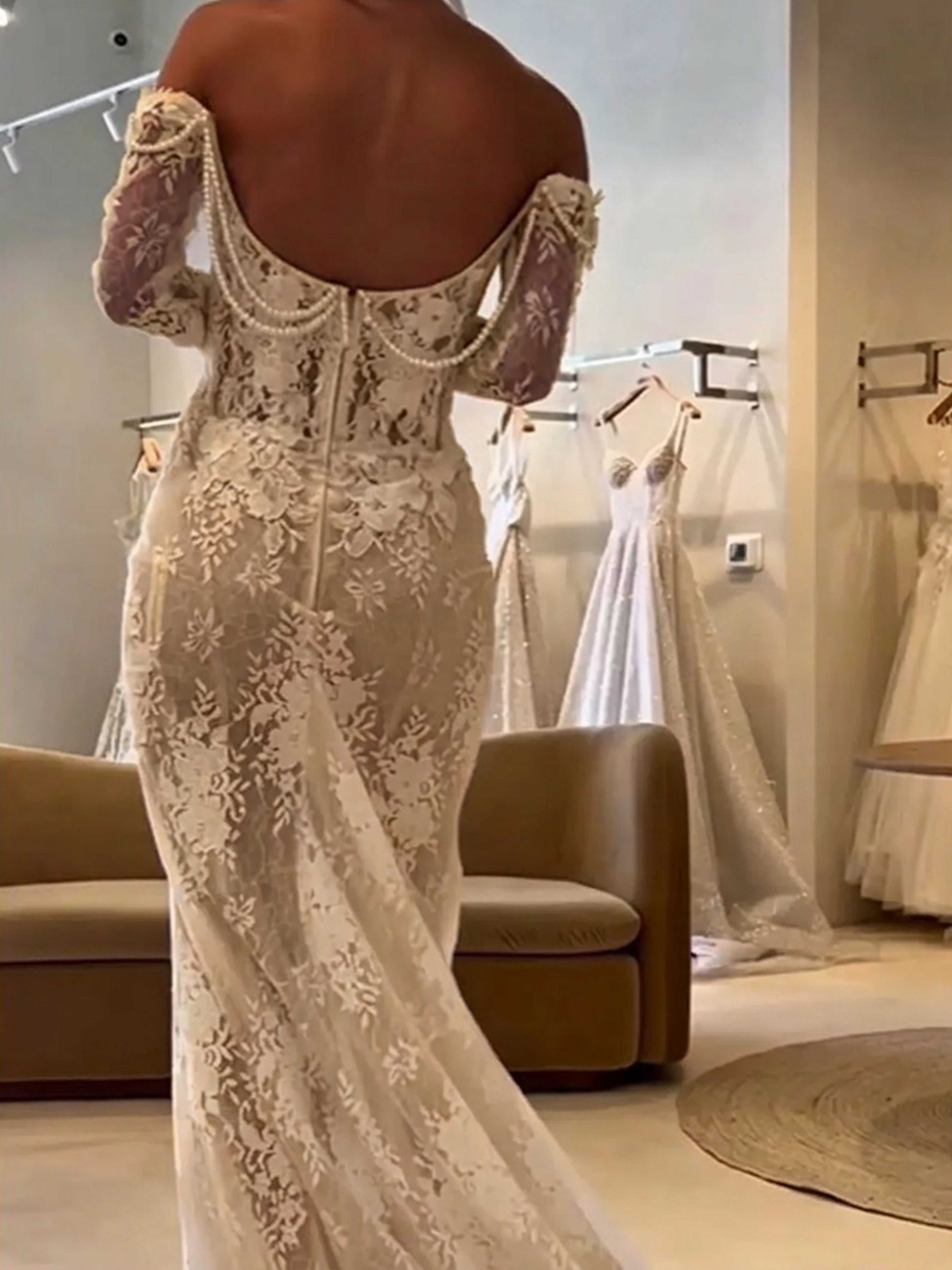 ROVDESY  Off The Shoulder Long Sleeve Floral Lace Mermaid Wedding Dress Bridal Gown