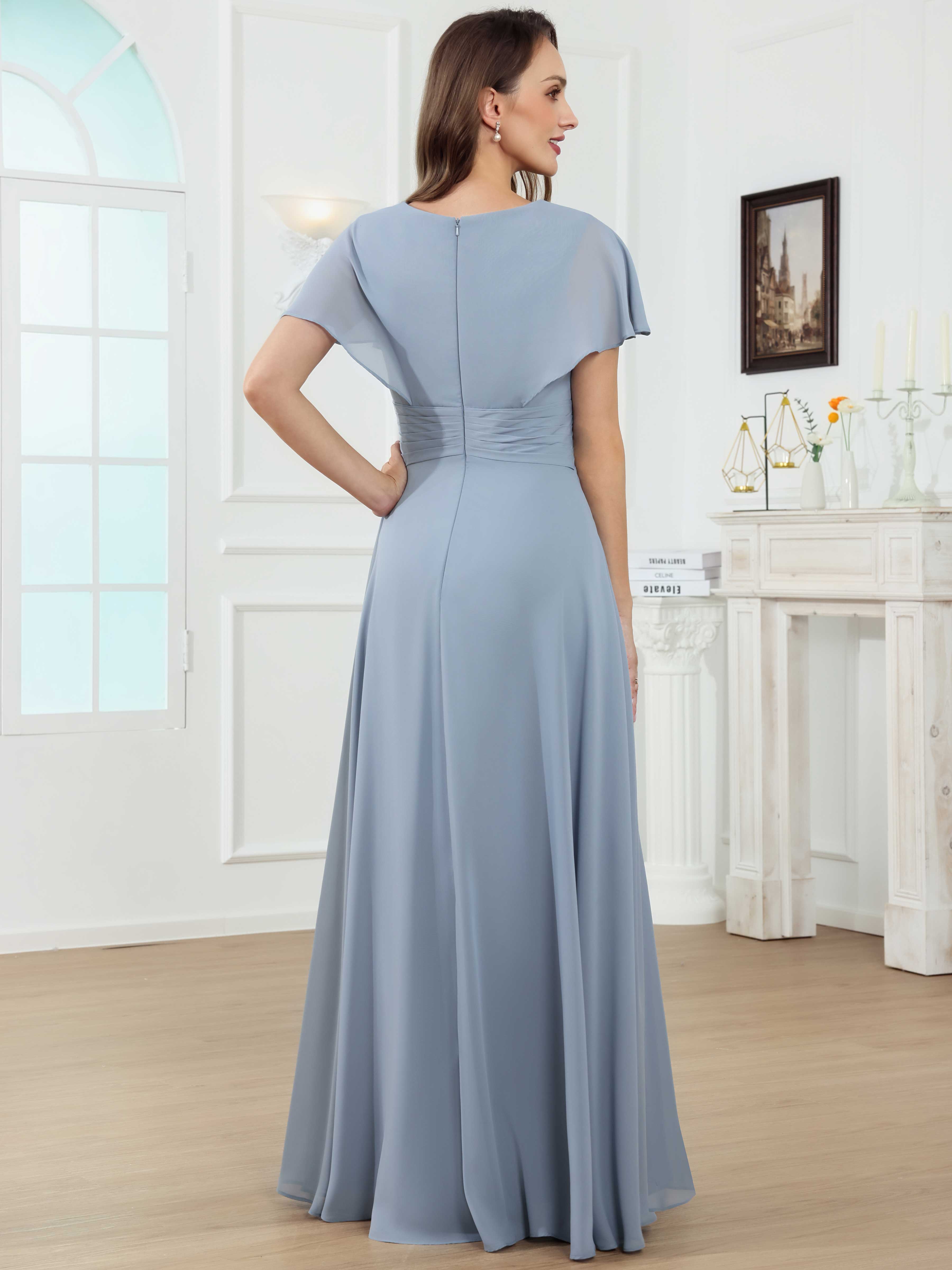 ROVDESY A-Line V-Neck Pleated Lace Chiffon Mother Of The Bride Dress With Short Sleeves