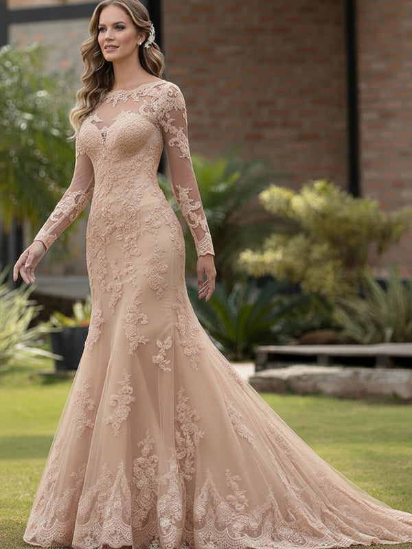 Long Sleeve Illusion Neck Lace Mermaid Wedding Dress with Sweep Train