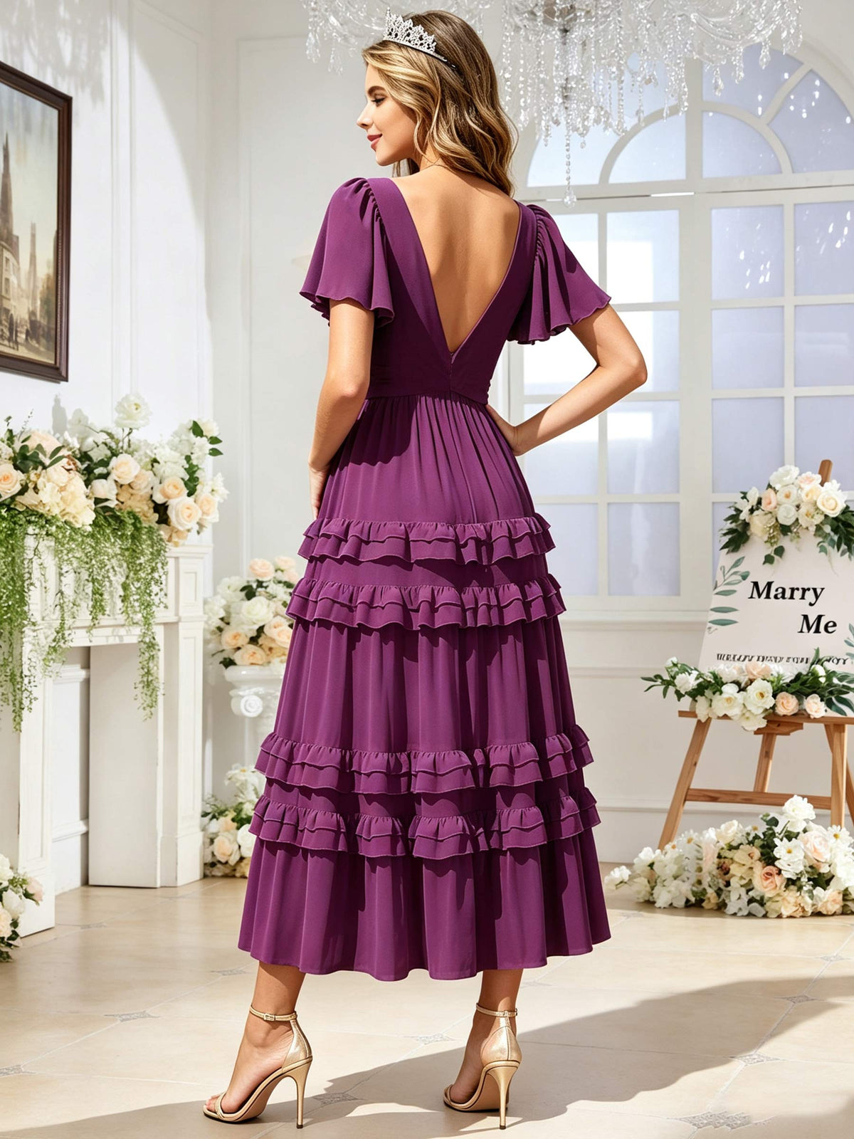A Line Chiffon Pleated Bridesmaid Dress with Sleeves