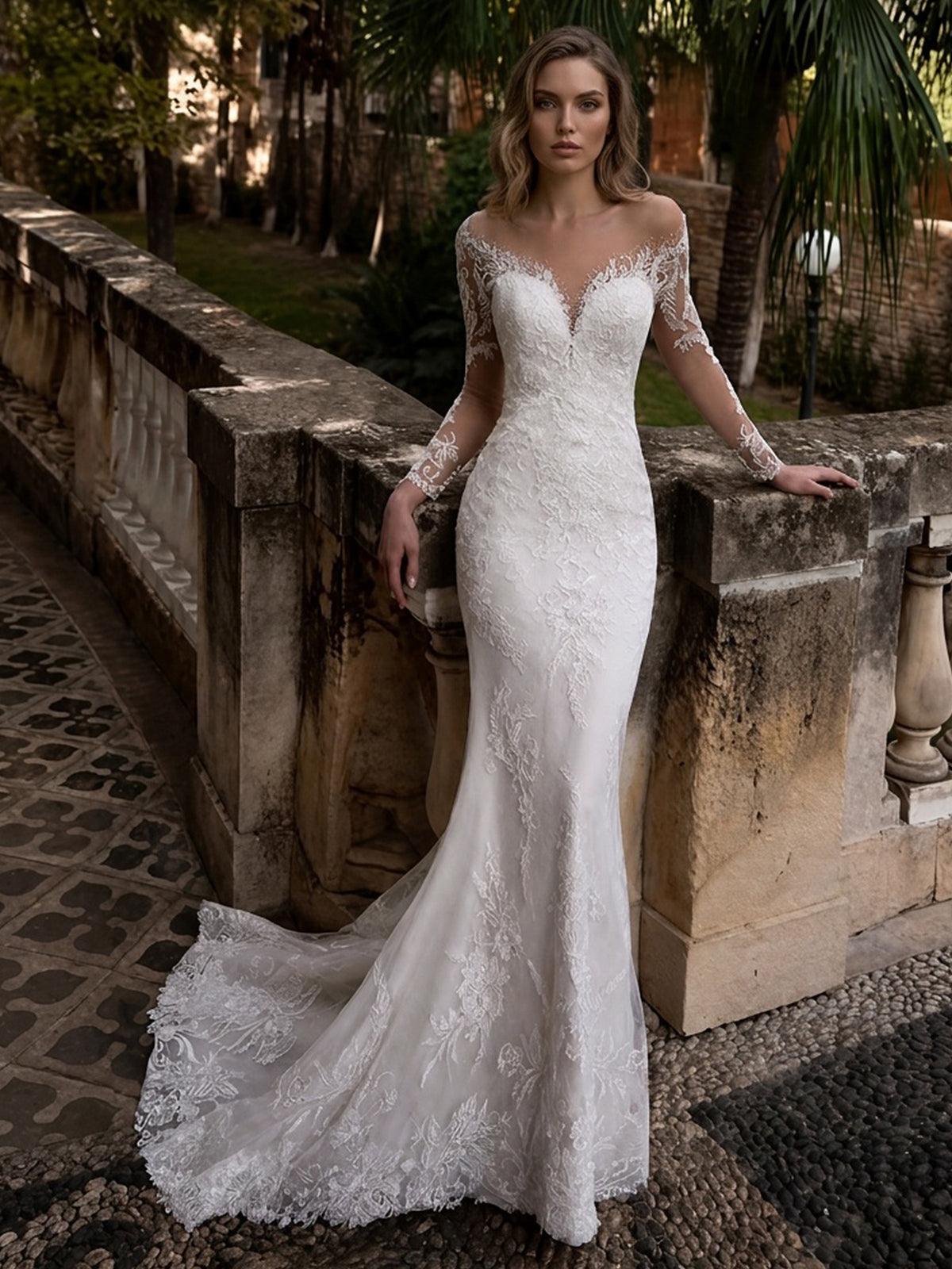 Illusion Long Sleeve Mermaid Lace Wedding Dress