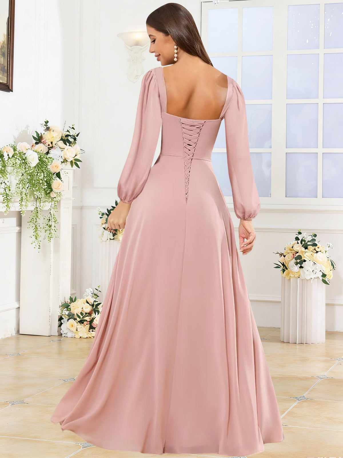 Square Neck Ruffle Slit Chiffon Long Bridesmaid Dress with Long Sleeves