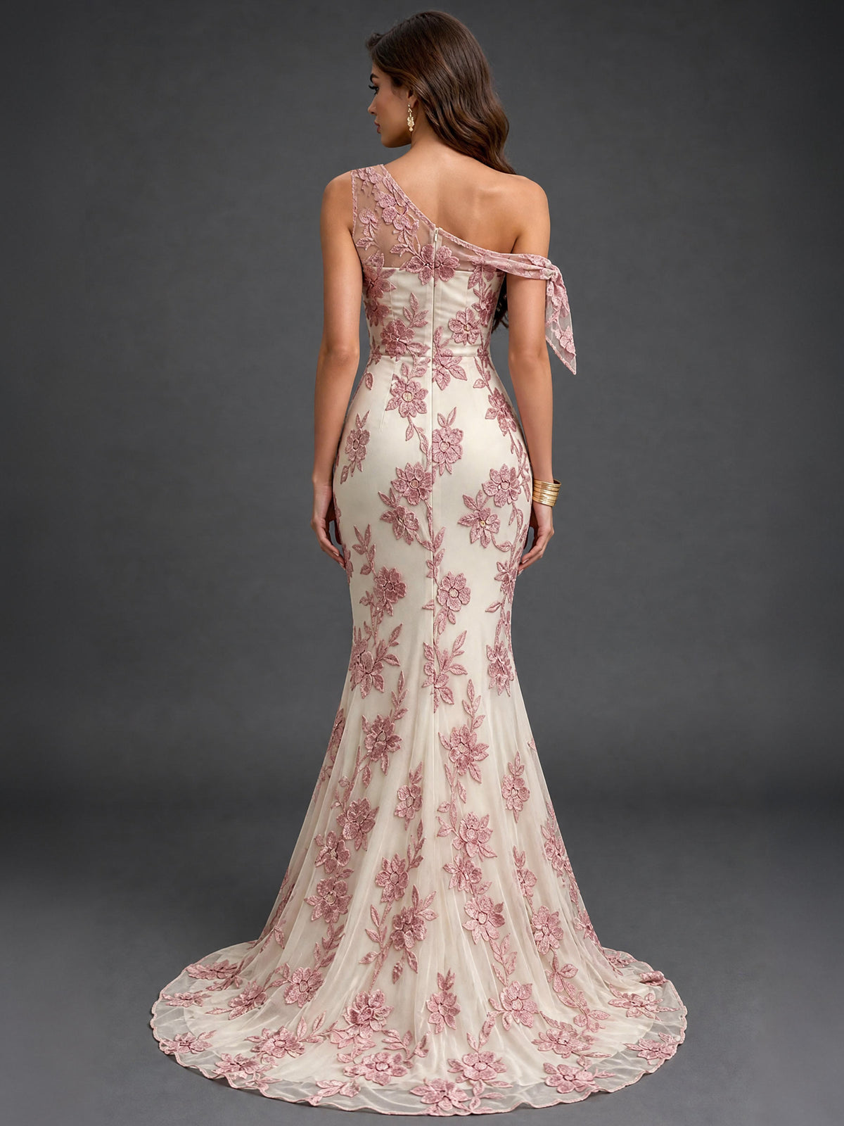 One Shoulder Floral Tulle Mermaid Formal Prom Dress with Slit