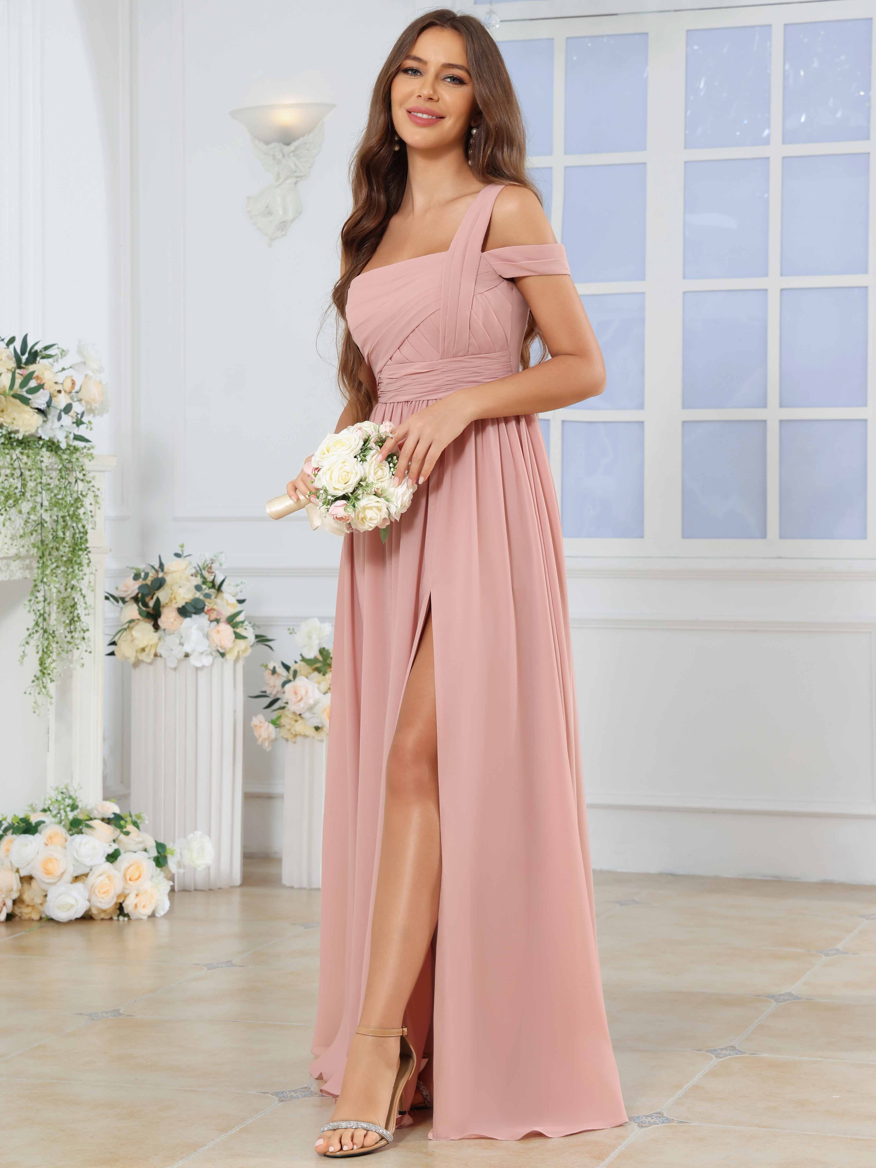 ROVDESY One Shoulder Pleated Chiffon Bridesmaid Dress With Slit